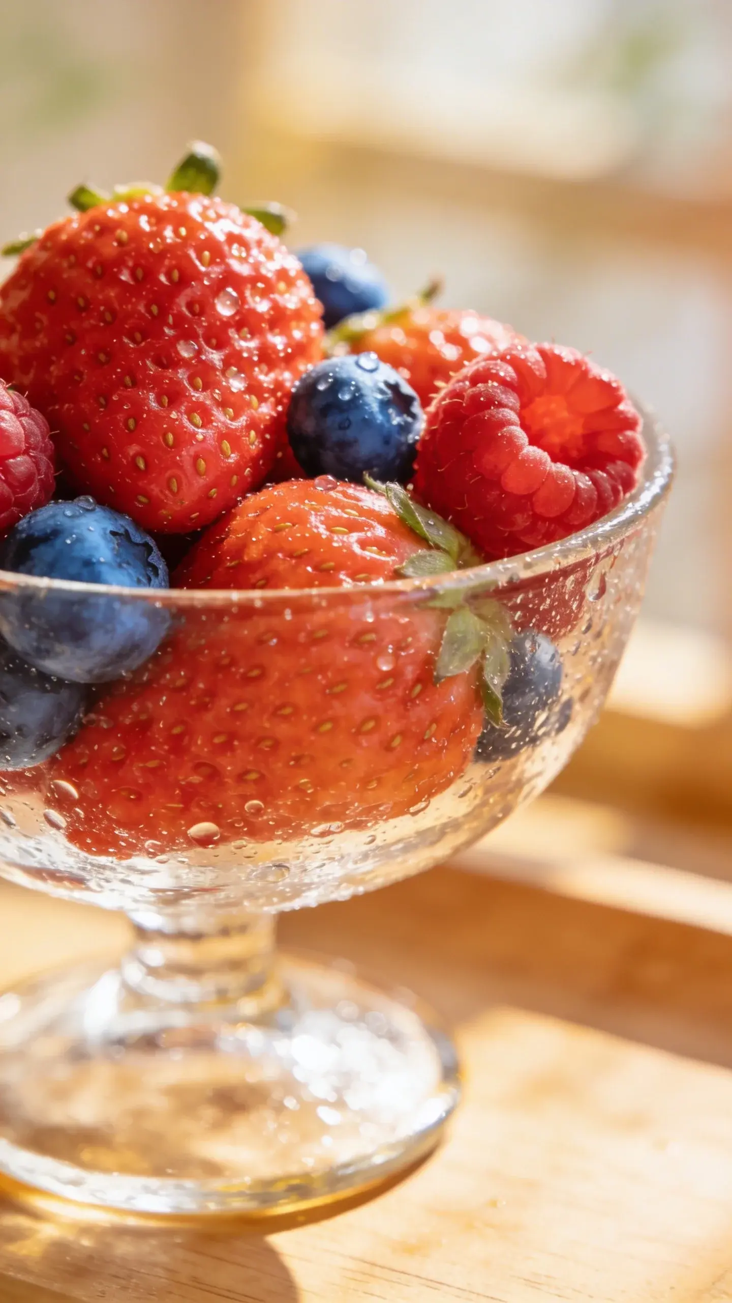 Fresh berries in a glass bowl, morning light
