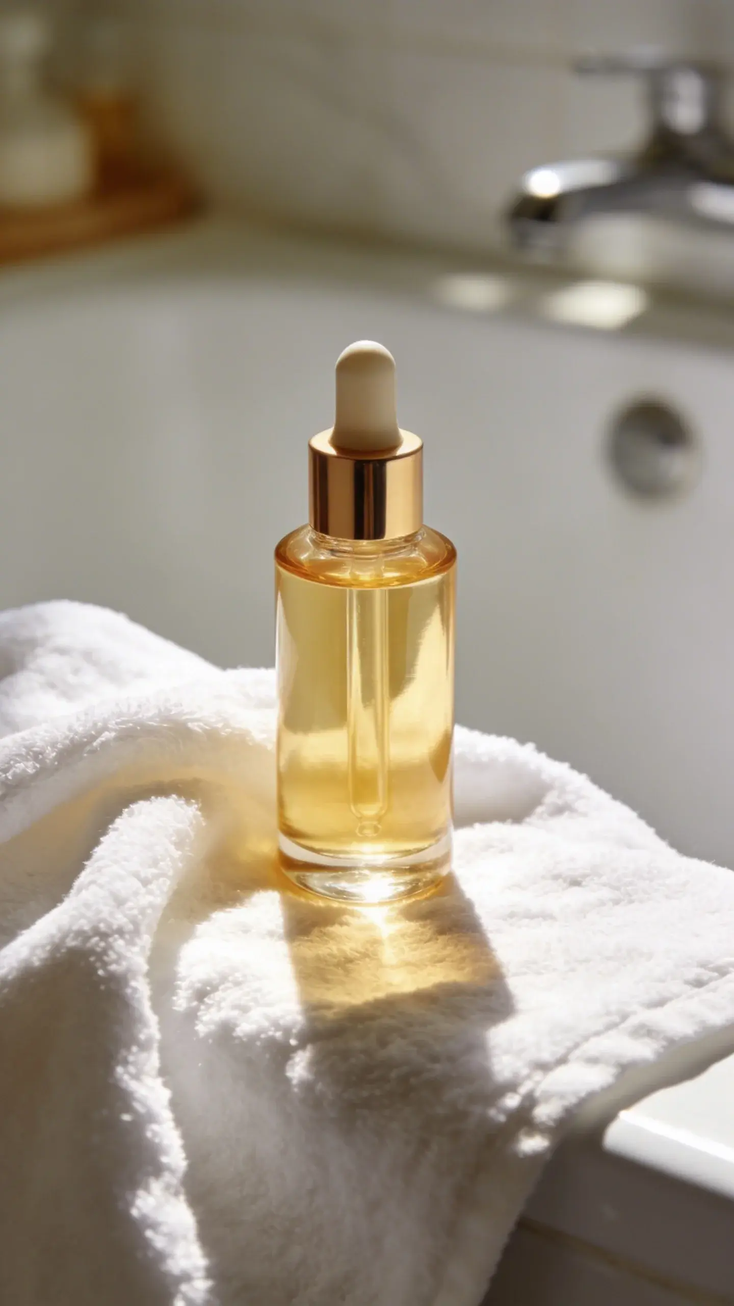 Lightweight face oil bottle on white towel, sunlit bathroom