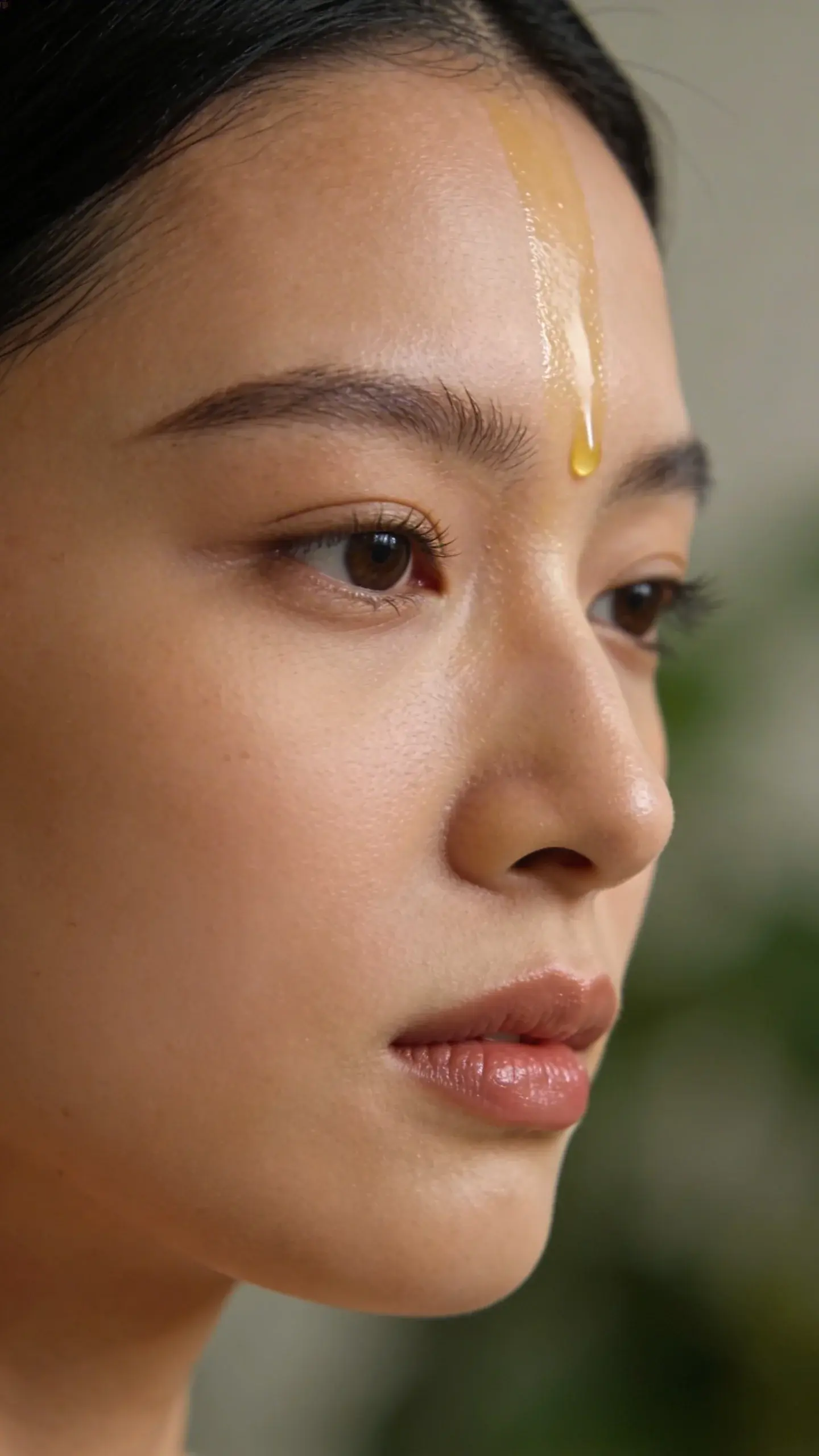 Close-up matte T-zone after face oil, soft natural light