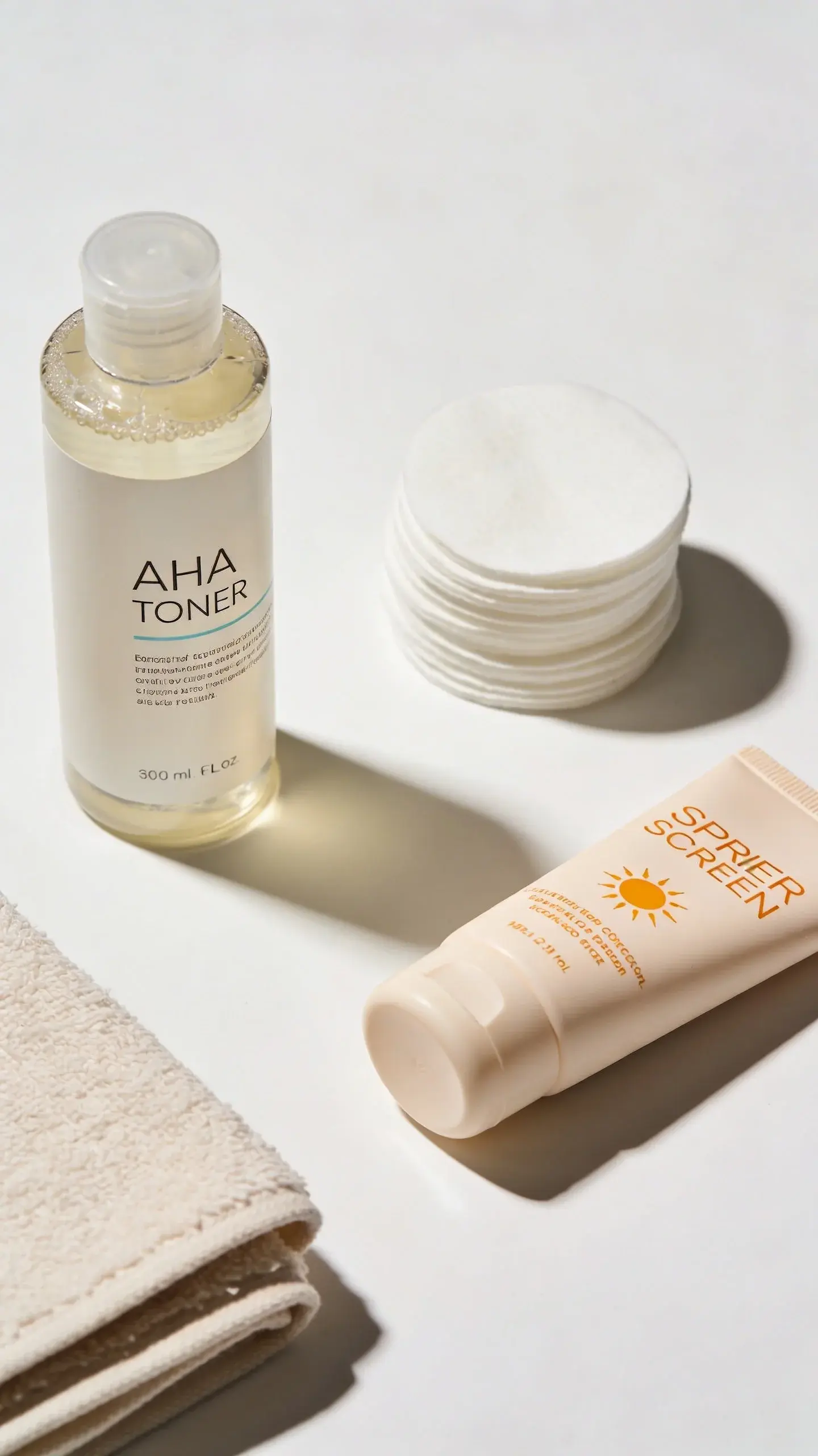 Flatlay: AHA toner, cotton pads, SPF, clean towel