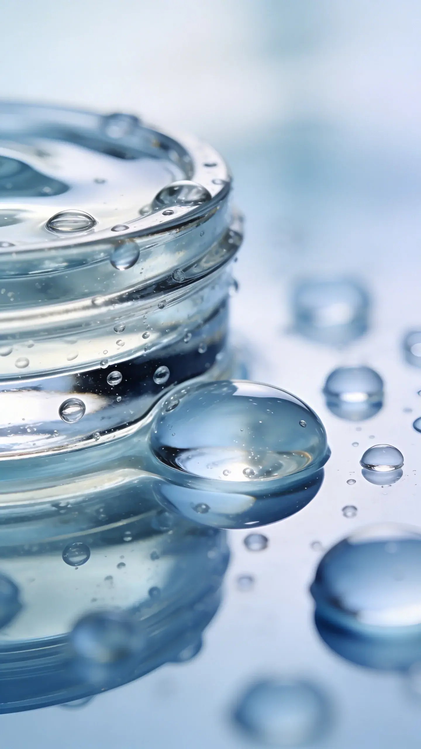 Oil-free gel moisturizer on glossy glass, water droplets