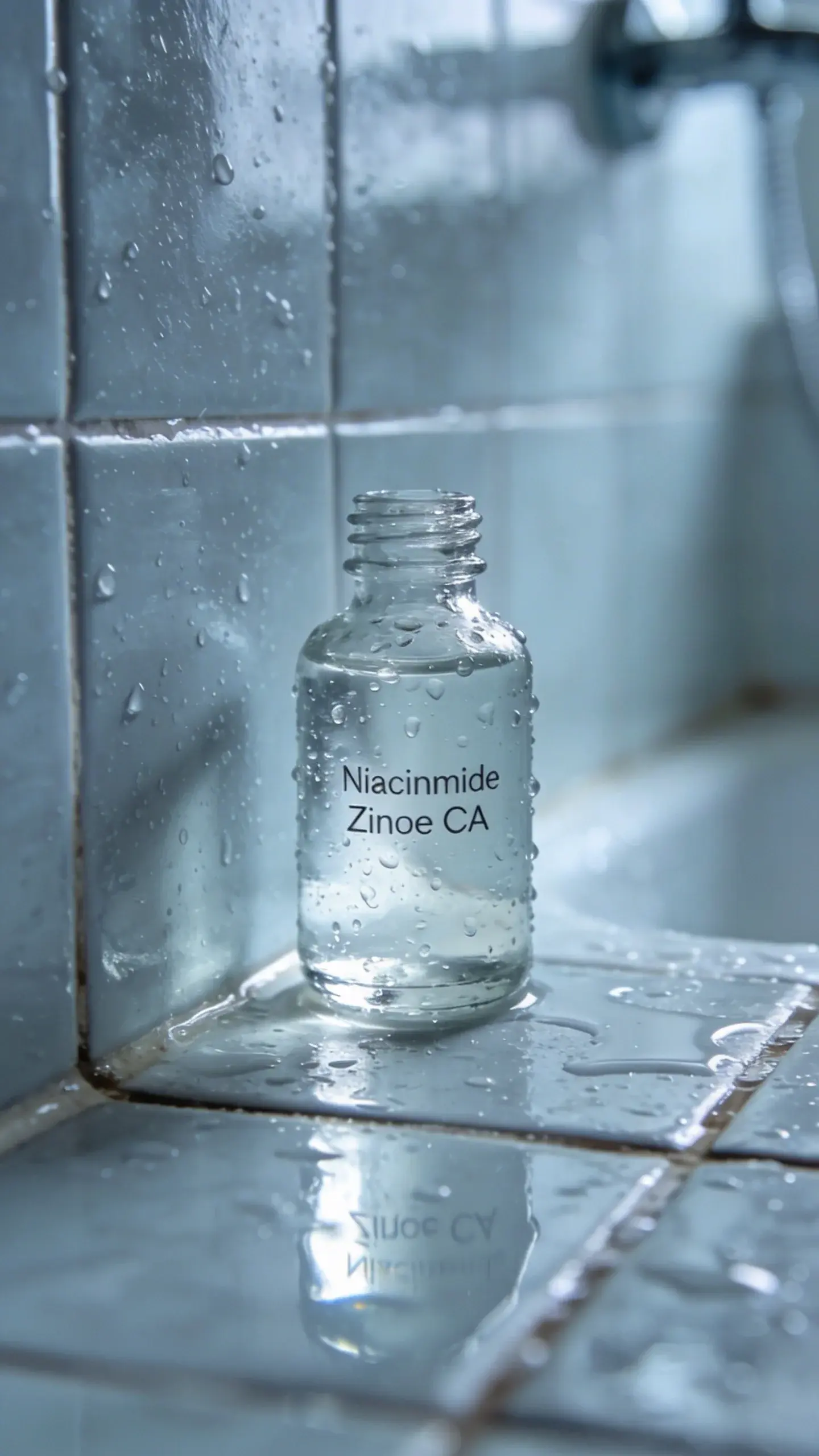 Niacinamide zinc PCA bottle on humid bathroom tile