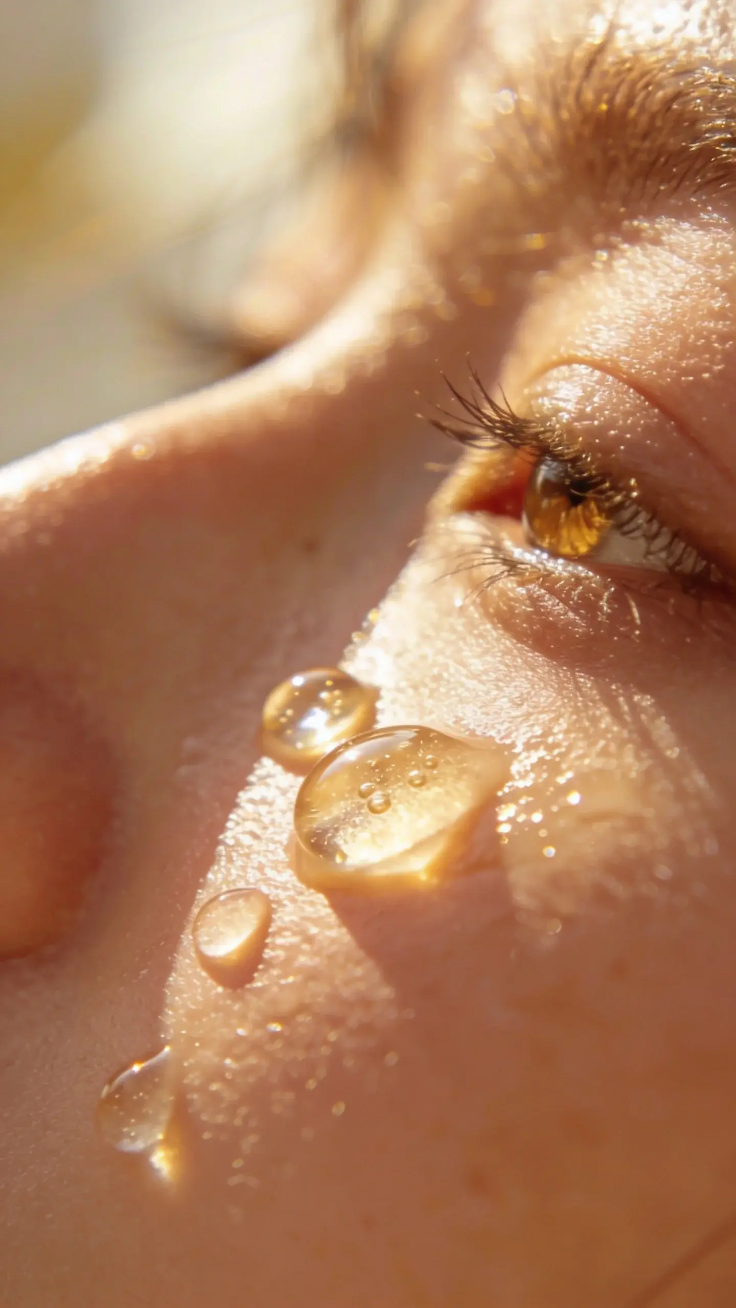 Hyaluronic acid serum droplets on dewy cheek, morning light