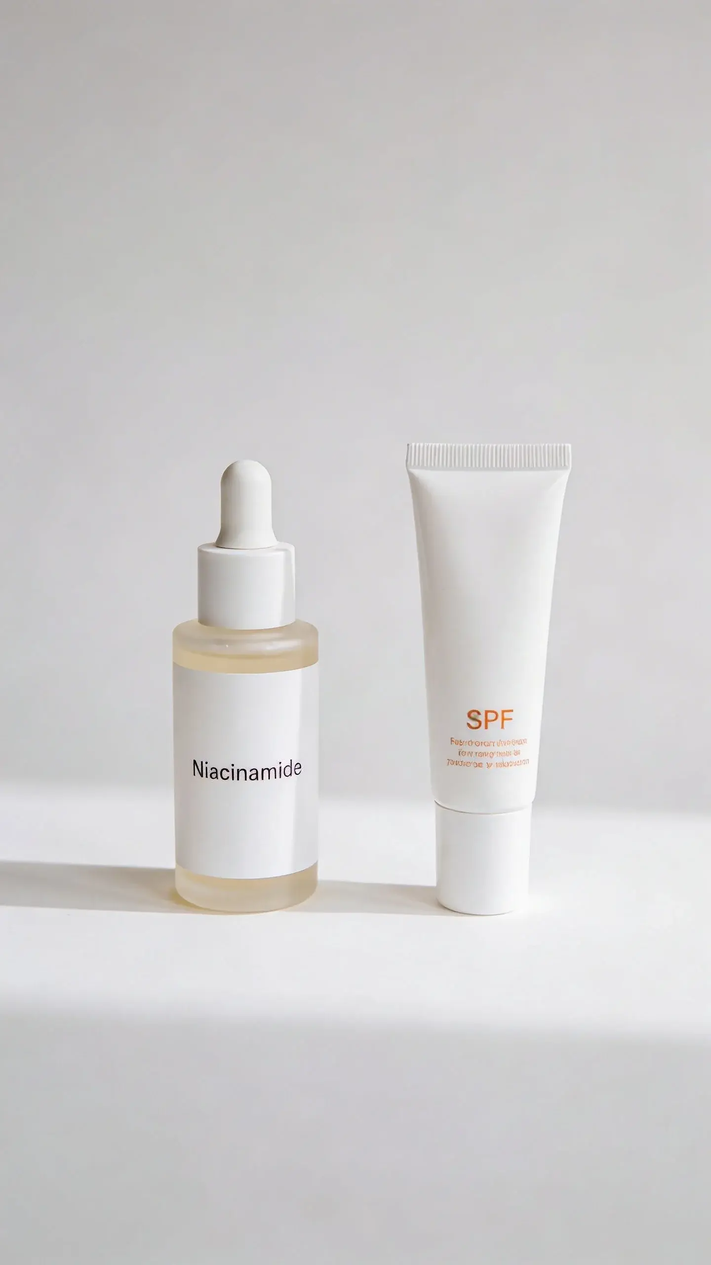 Niacinamide bottle beside SPF tube on white background