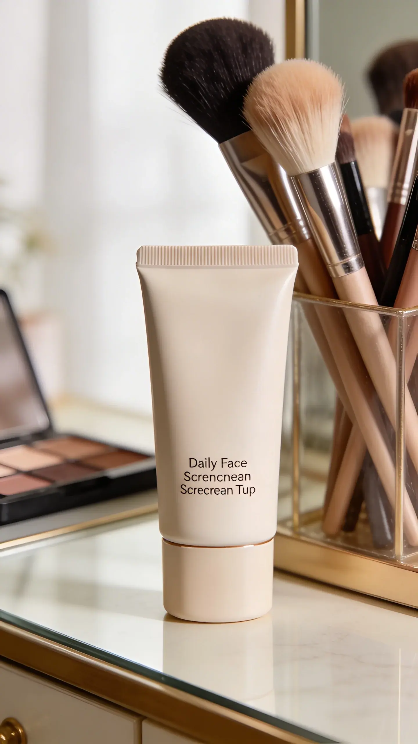 daily face sunscreen tube on vanity beside makeup brushes
