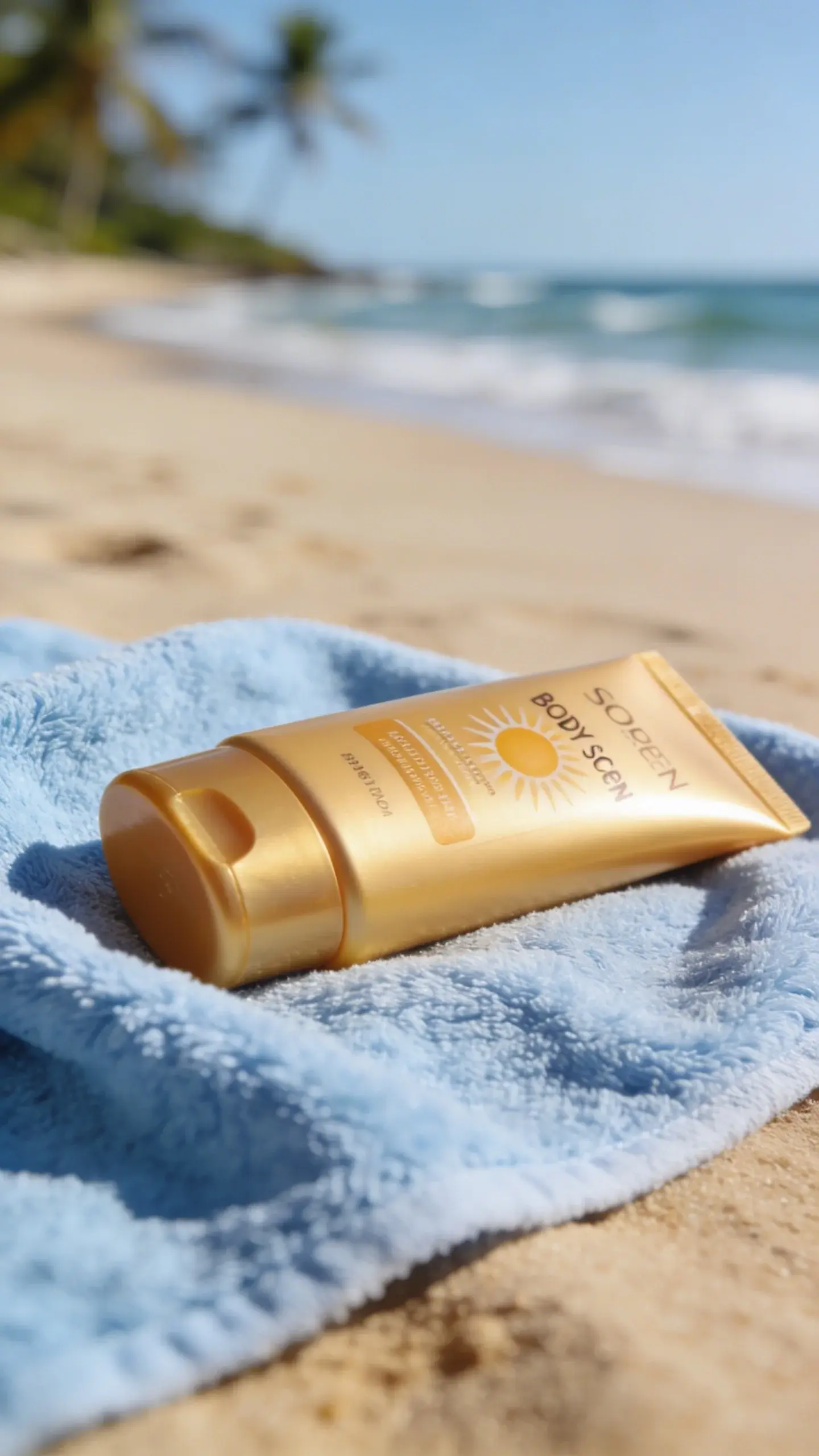 body sunscreen bottle on towel, beach background blurred
