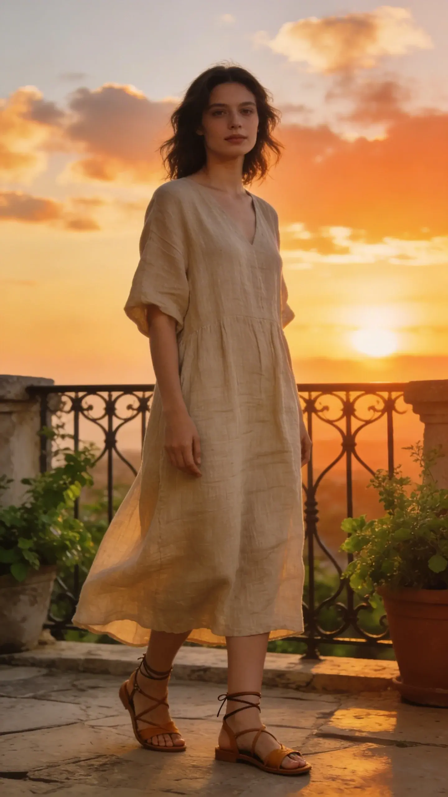 linen midi dress, strappy sandals, sunset terrace