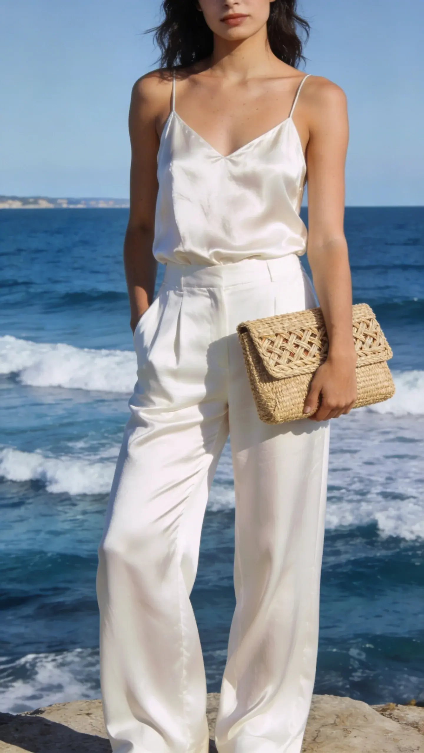 white trousers, silk cami, raffia clutch, ocean backdrop