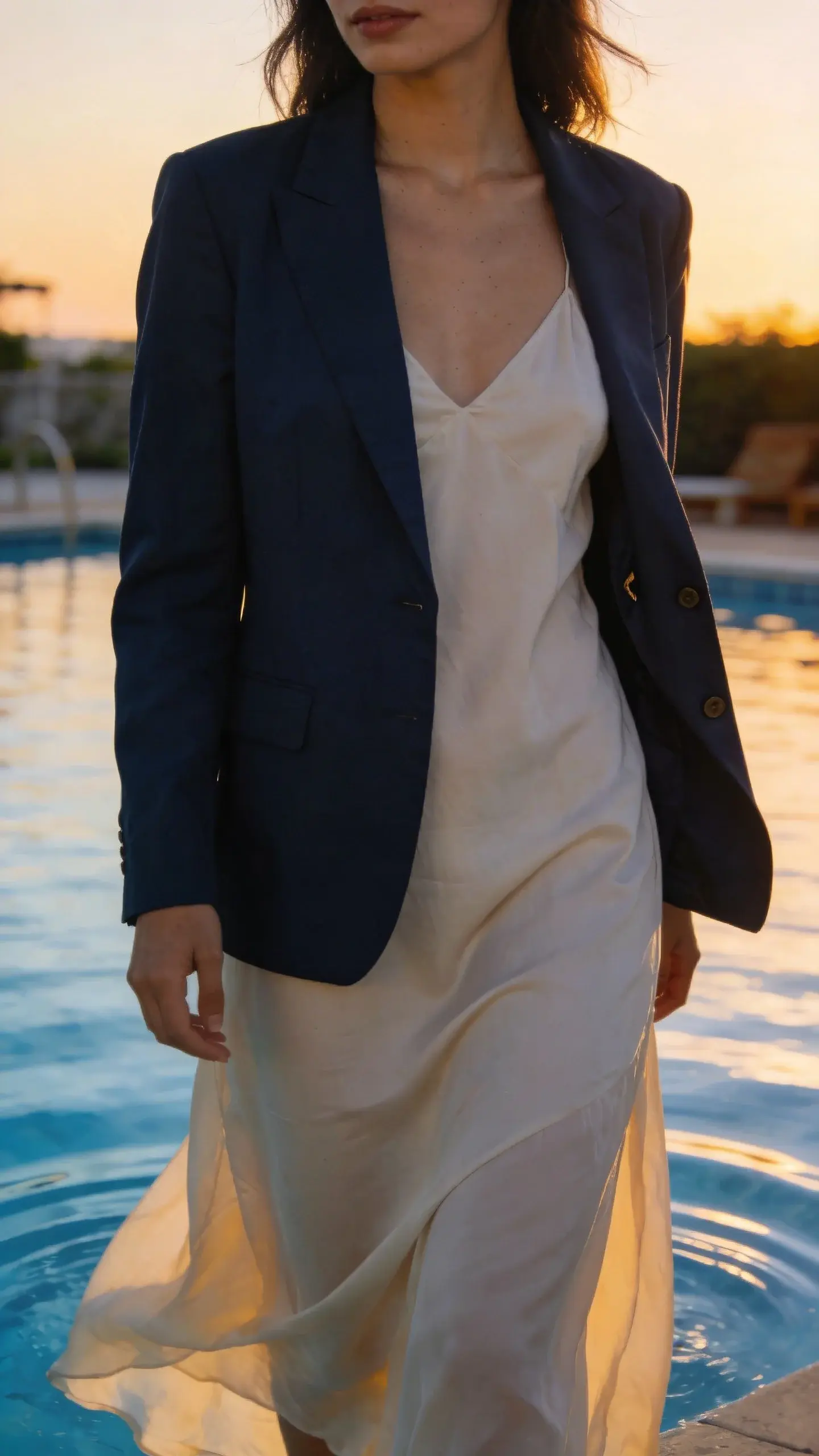 navy blazer over breezy slipdress, poolside dusk