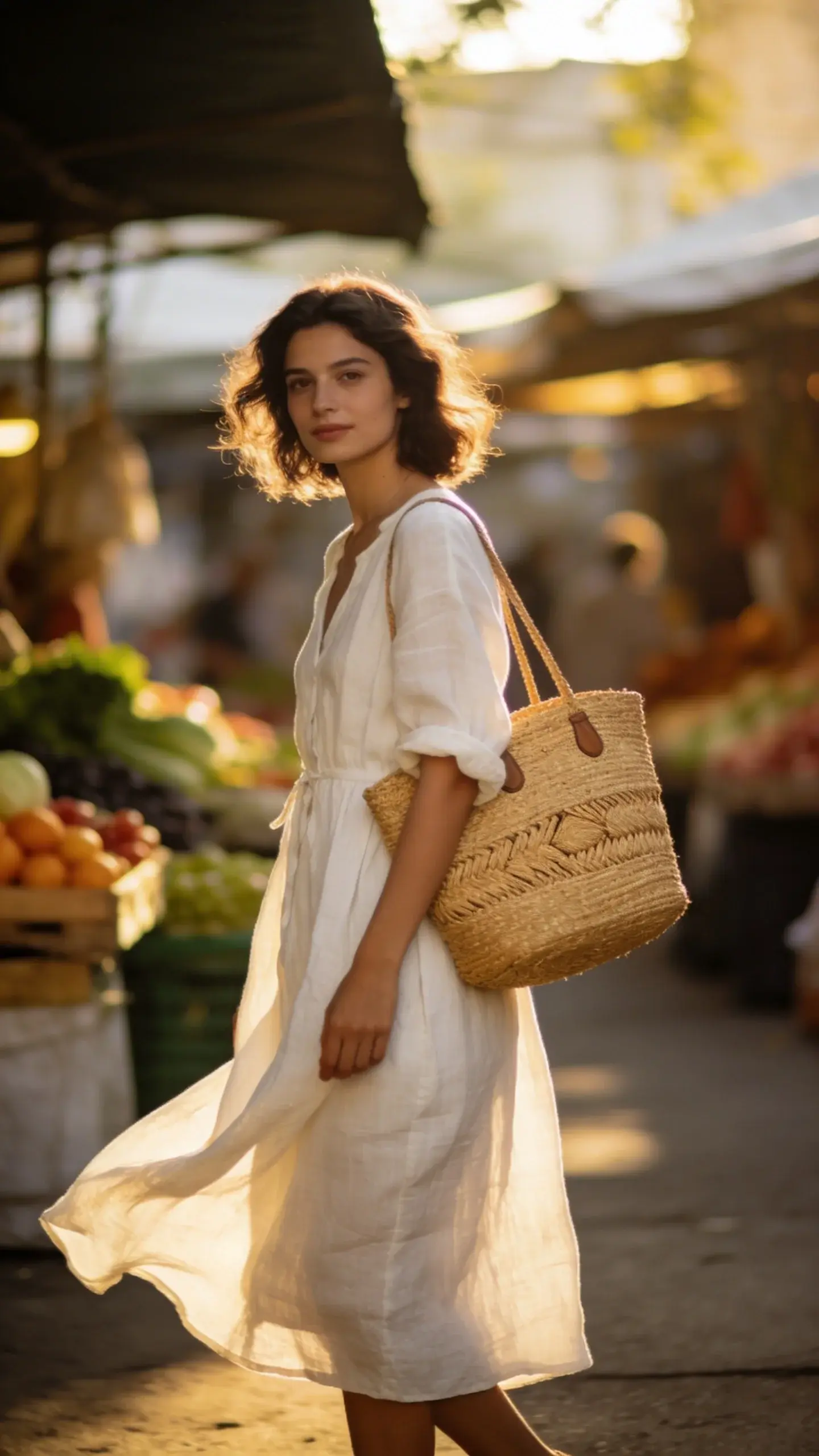 linen midi day dress, straw tote, morning market light