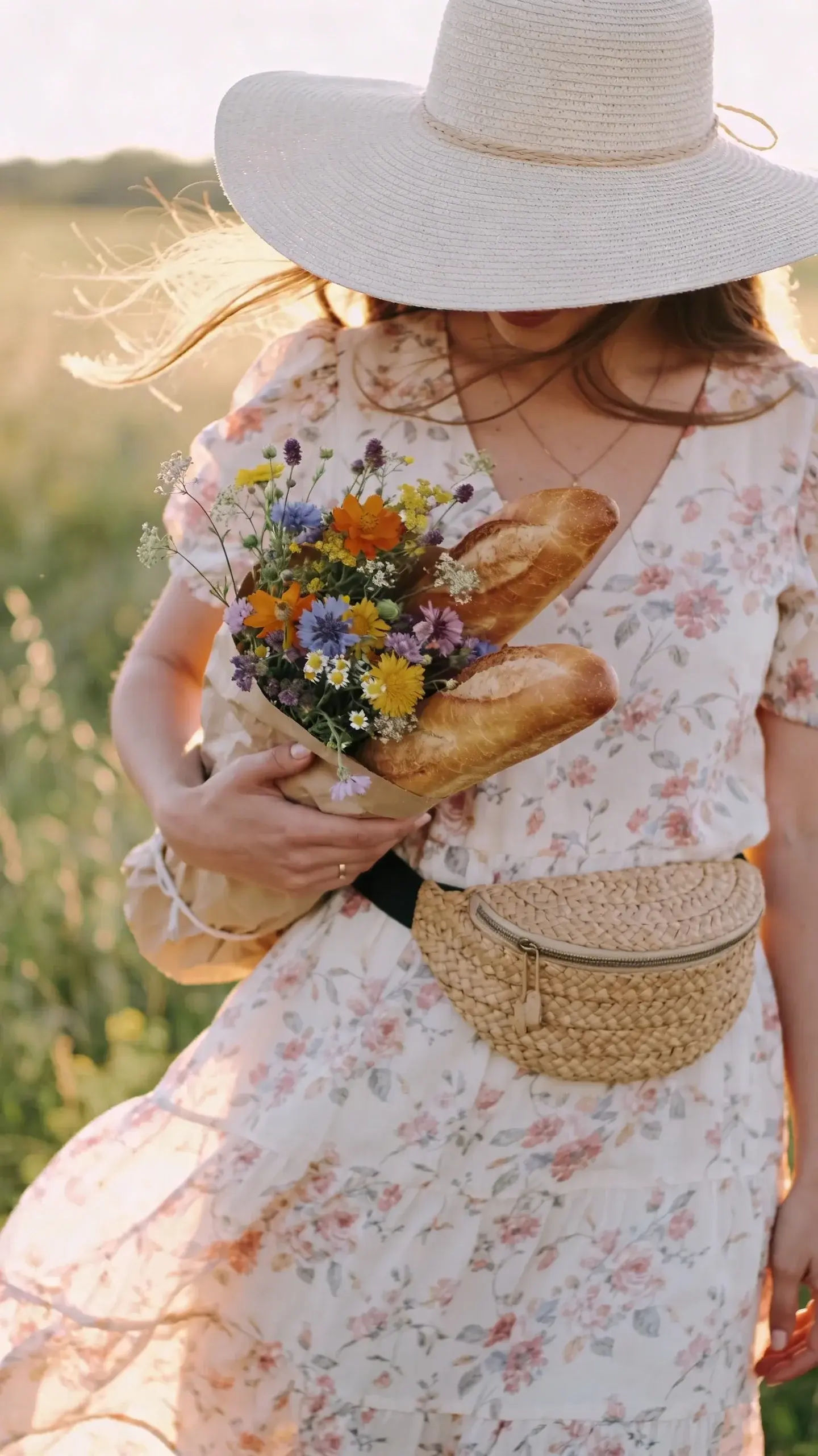 breezy sundress, woven belt bag, sun hat, baguette bouquet