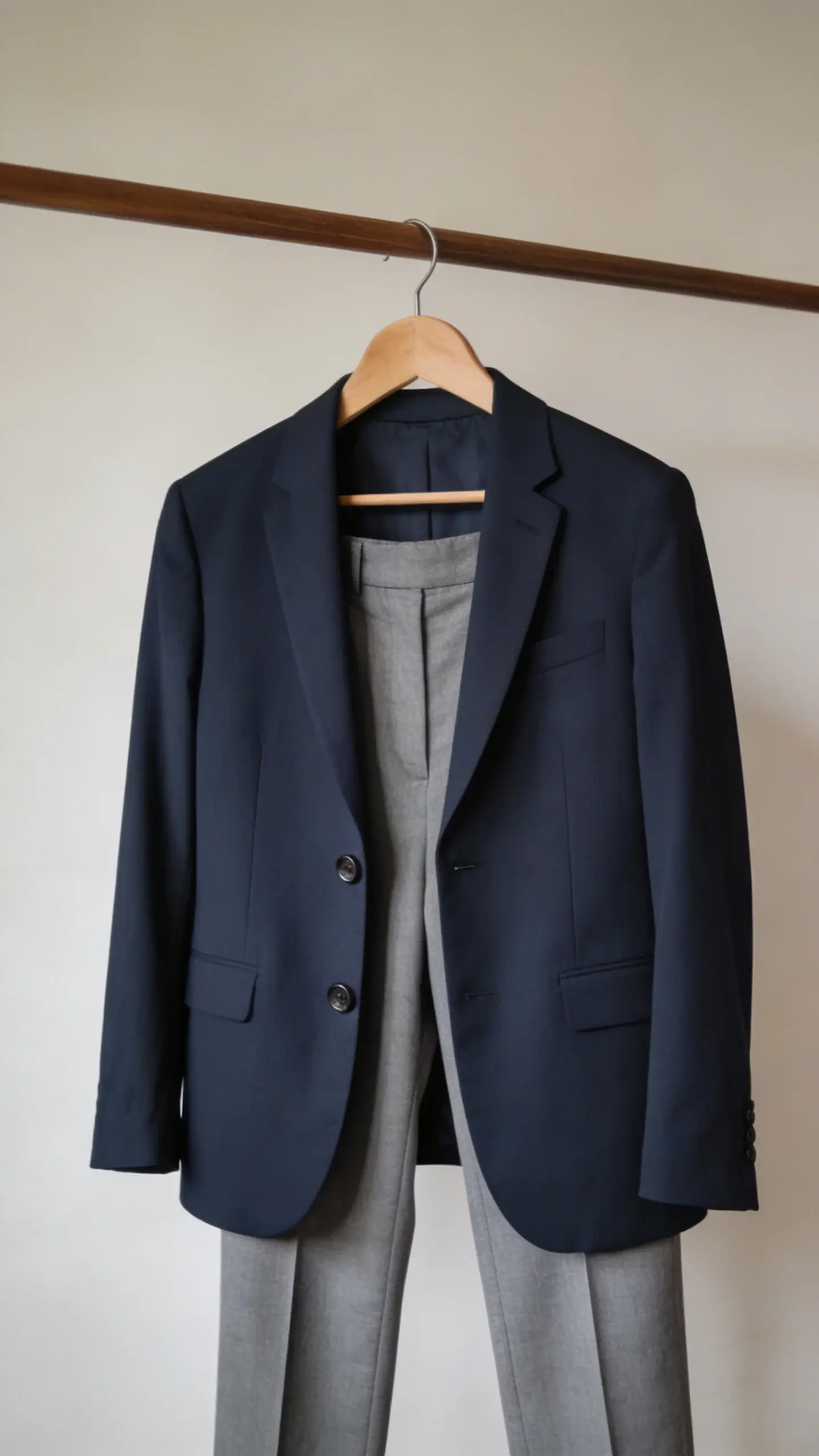 navy blazer and gray slacks on wooden hanger