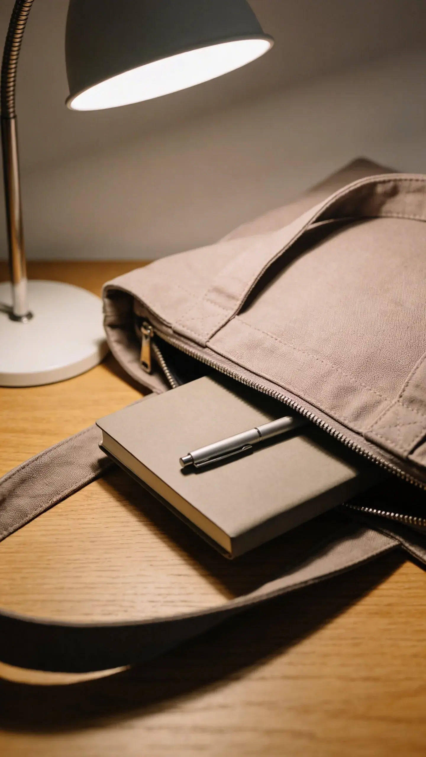 taupe tote bag with notebook and pen, desk light