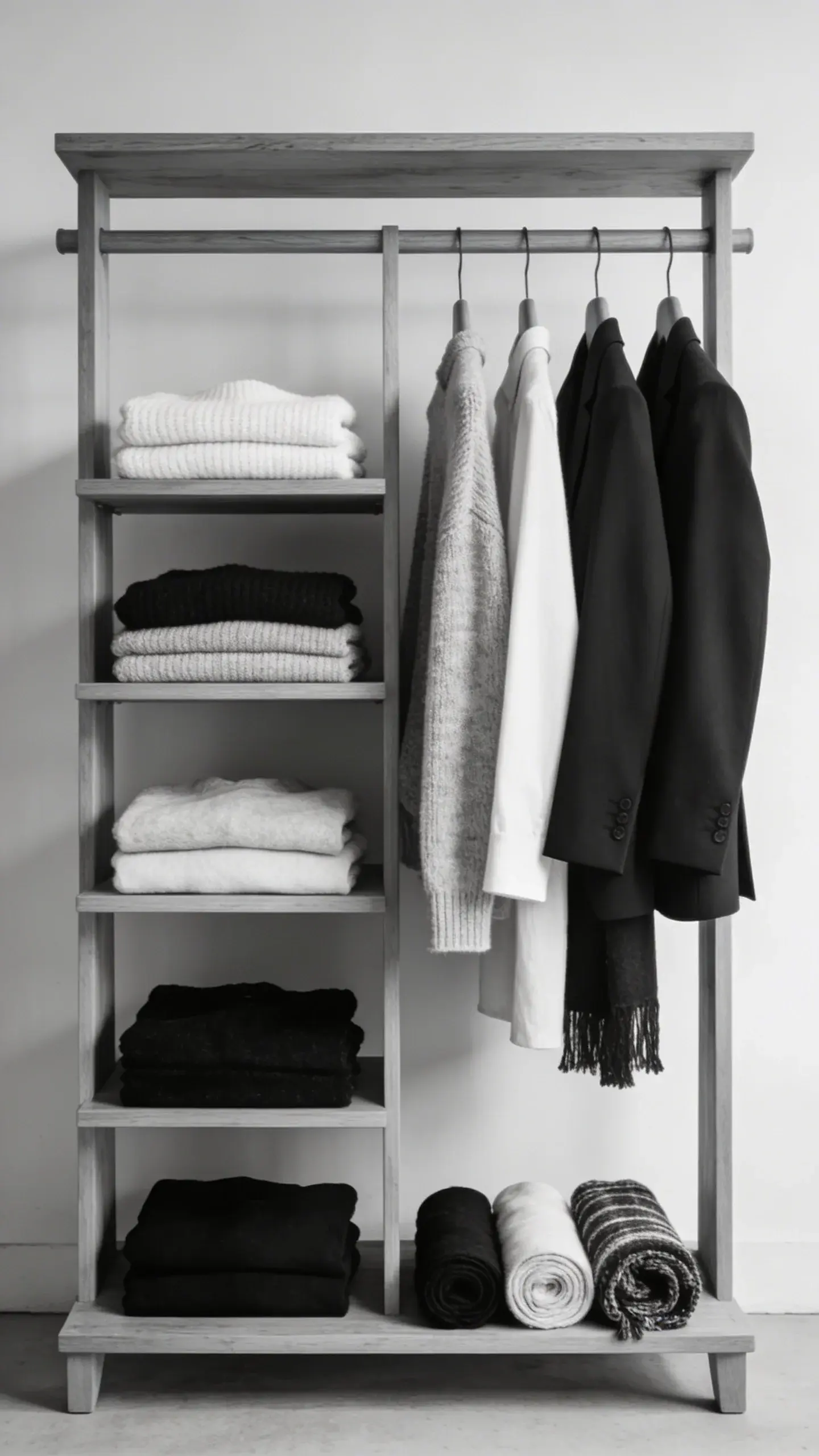 curated monochrome capsule wardrobe on minimalist clothing rack