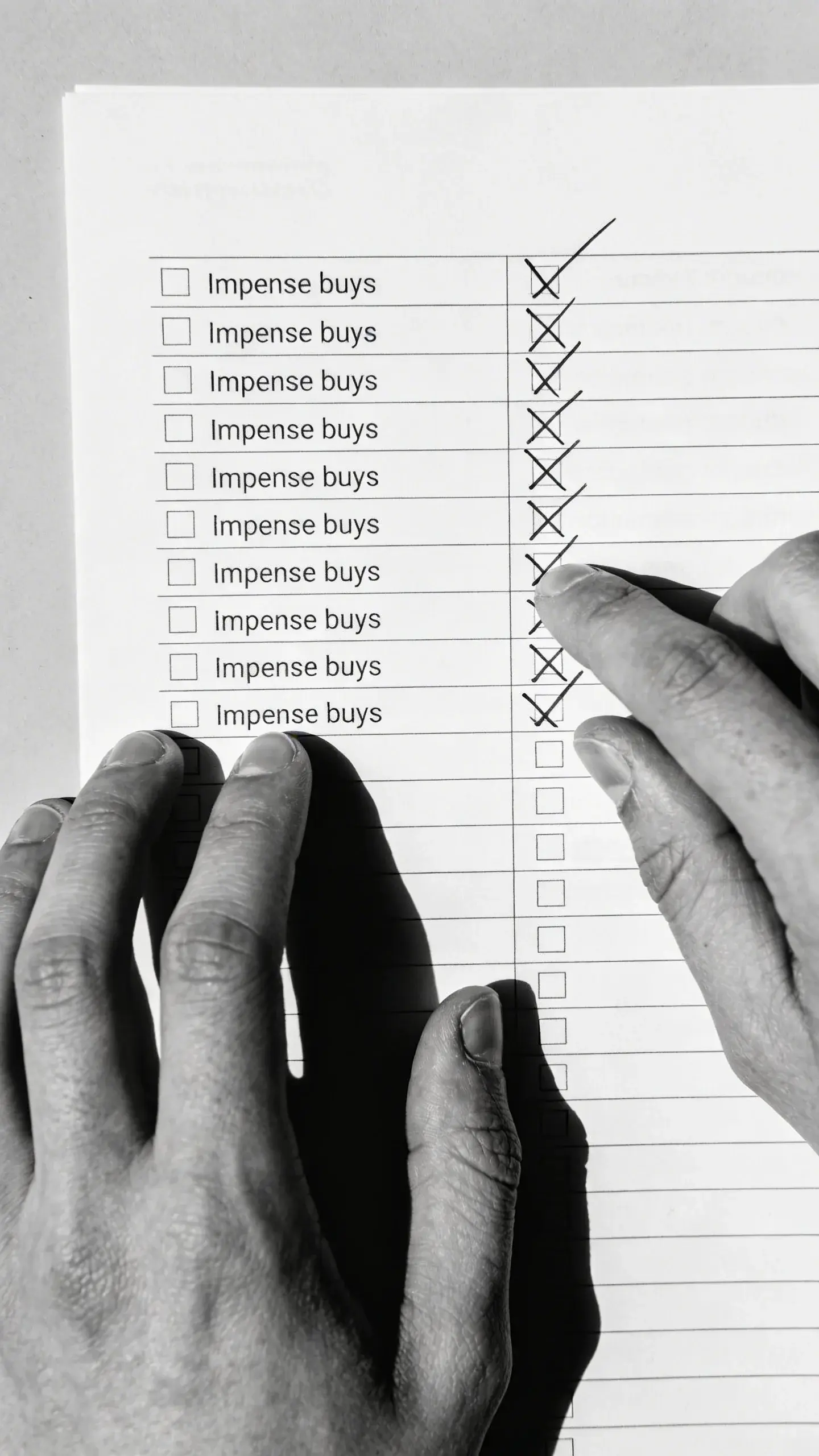 hands crossing out impulse buys on printed style guidelines