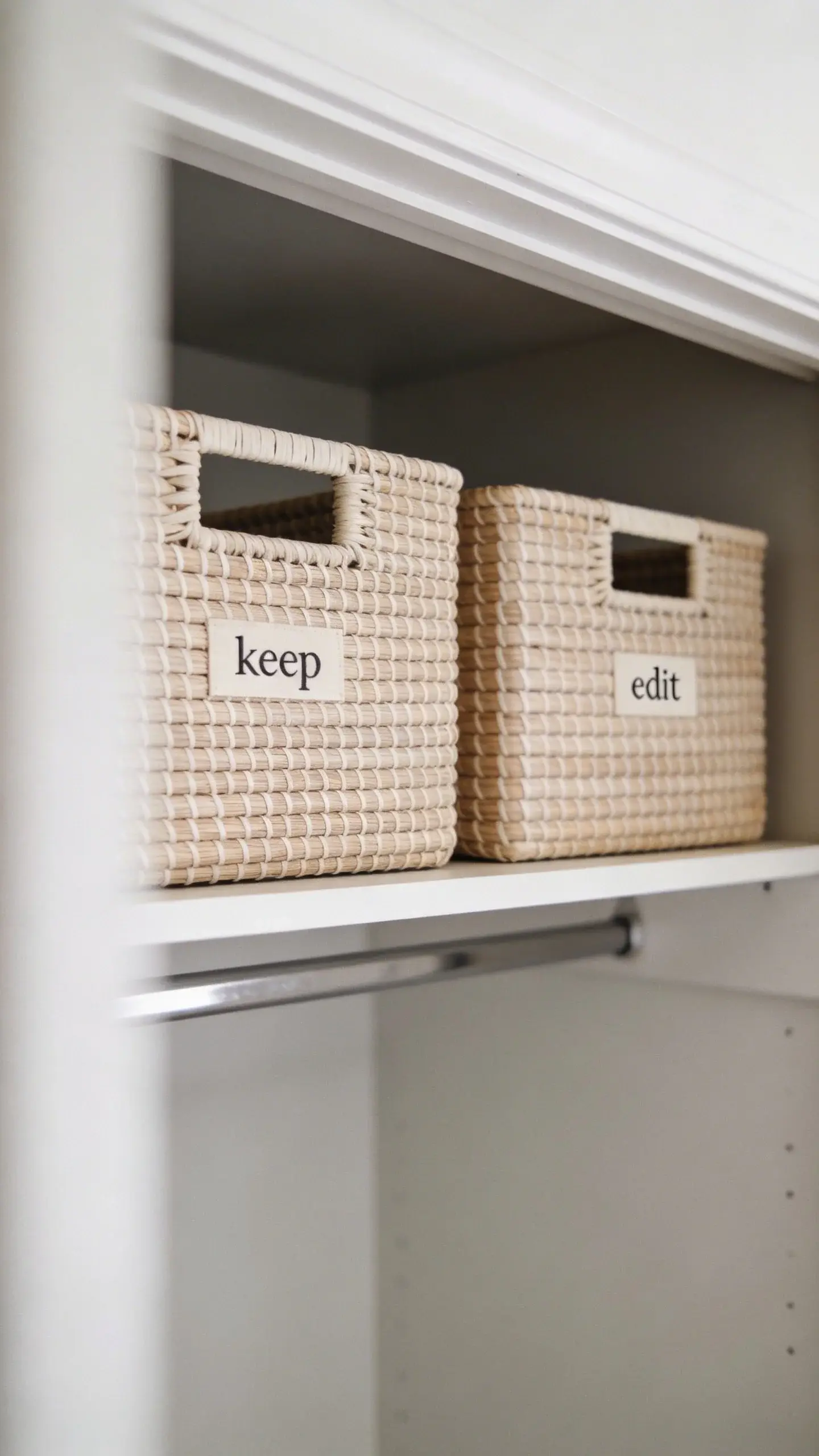 neutral closet shelf labeled “keep” and “edit” baskets