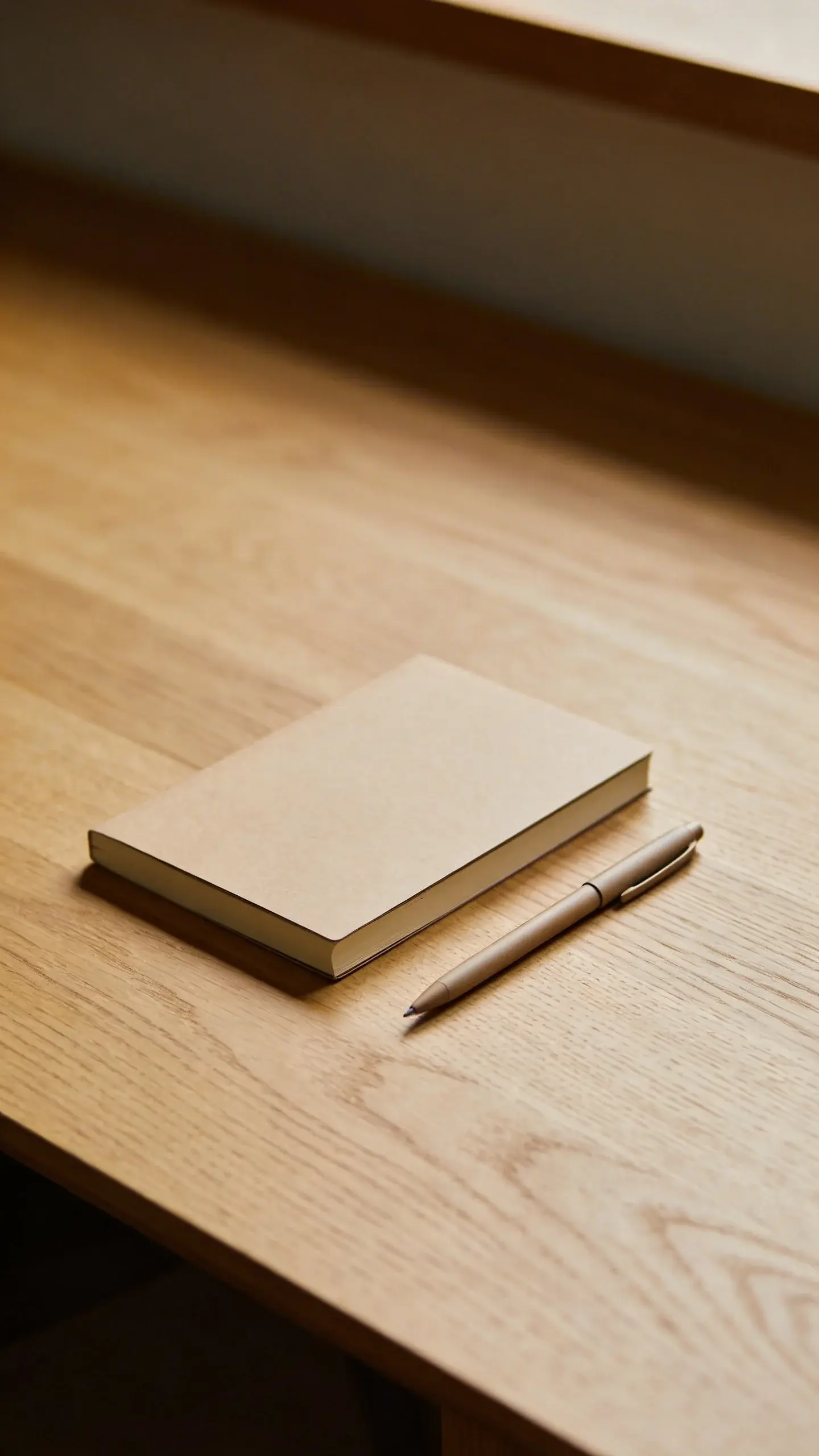 minimalist wooden desk with single notebook and pen