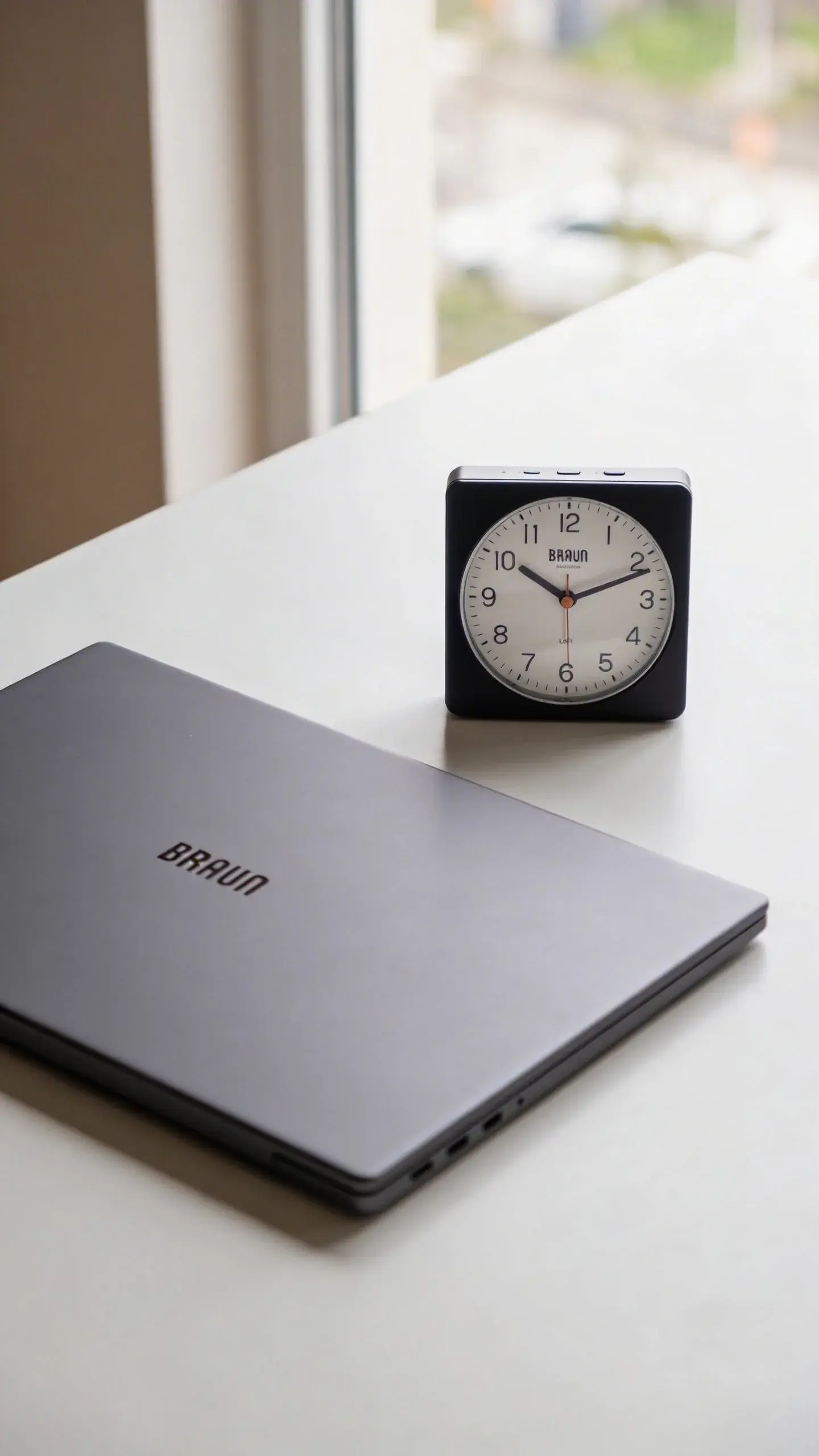 closed laptop beside analog Braun clock on clean table