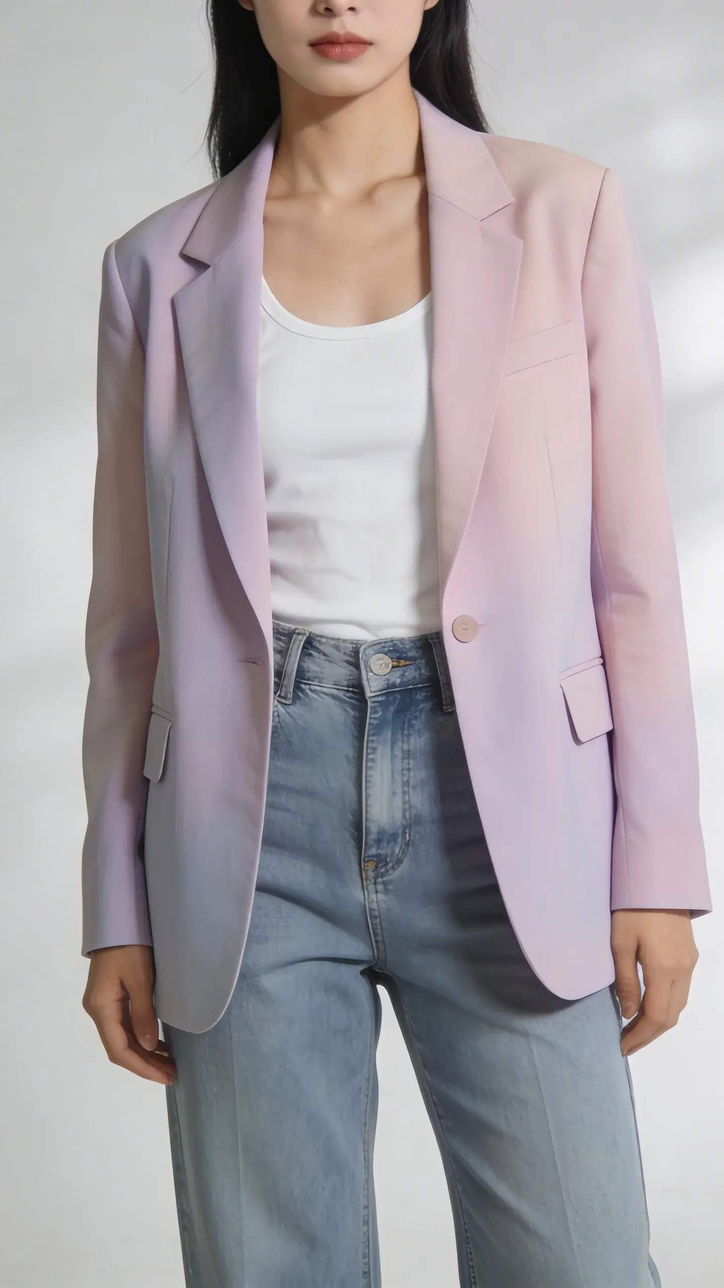 Pastel blazer, white tank, straight jeans, studio lighting