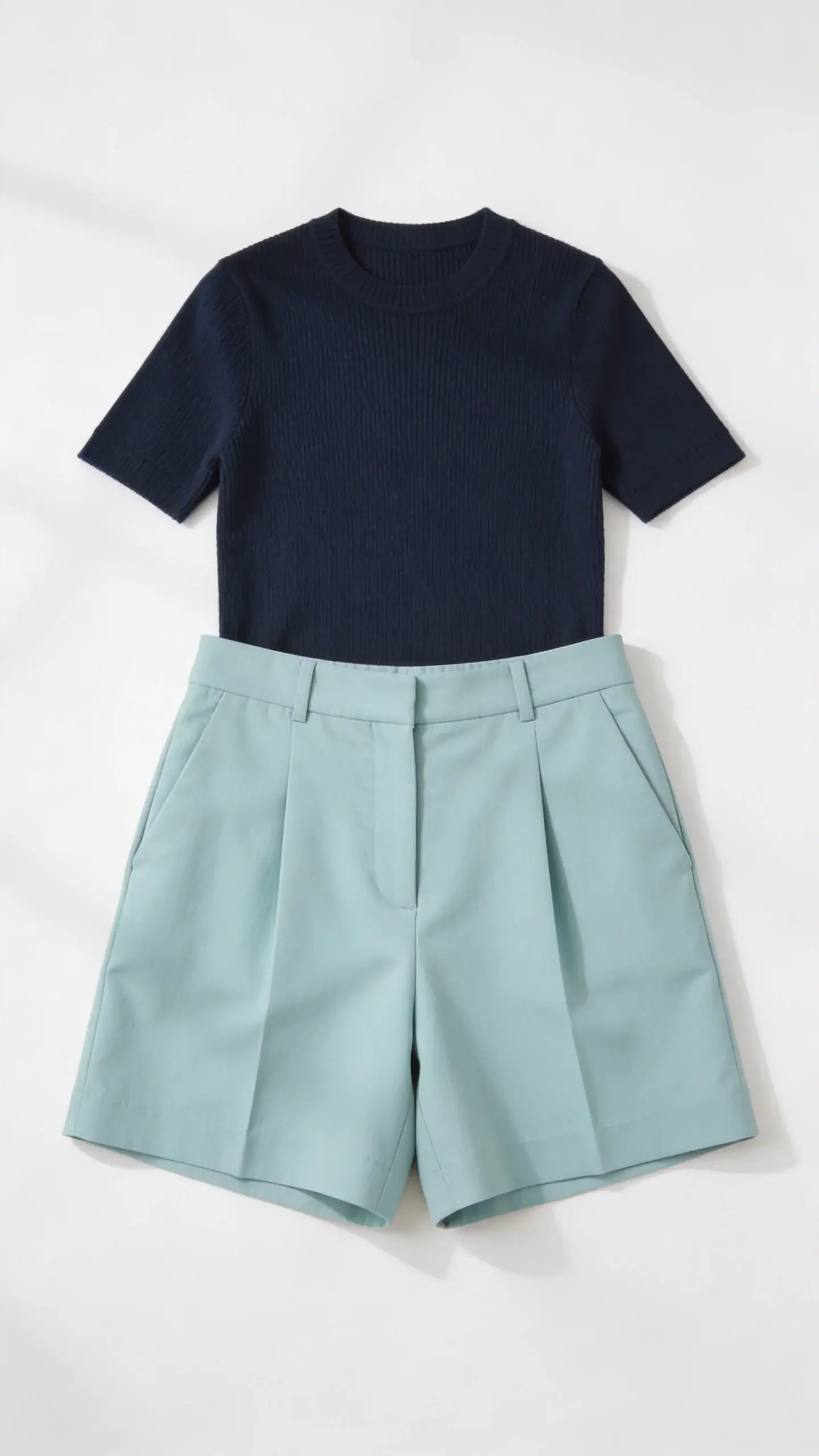 Mint tailored shorts, navy knit top, clean background