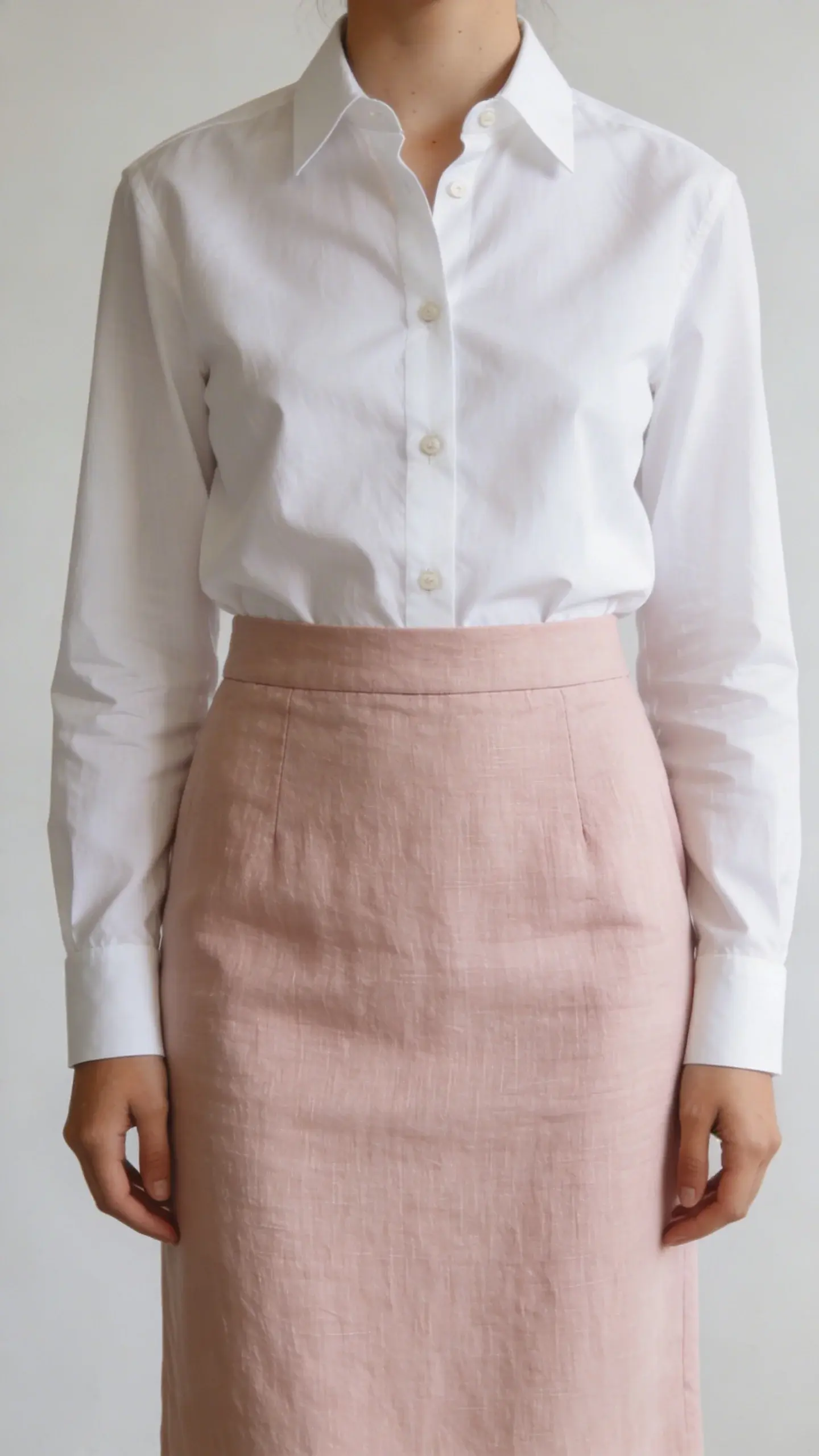 Structured linen pencil skirt in blush, crisp white shirt