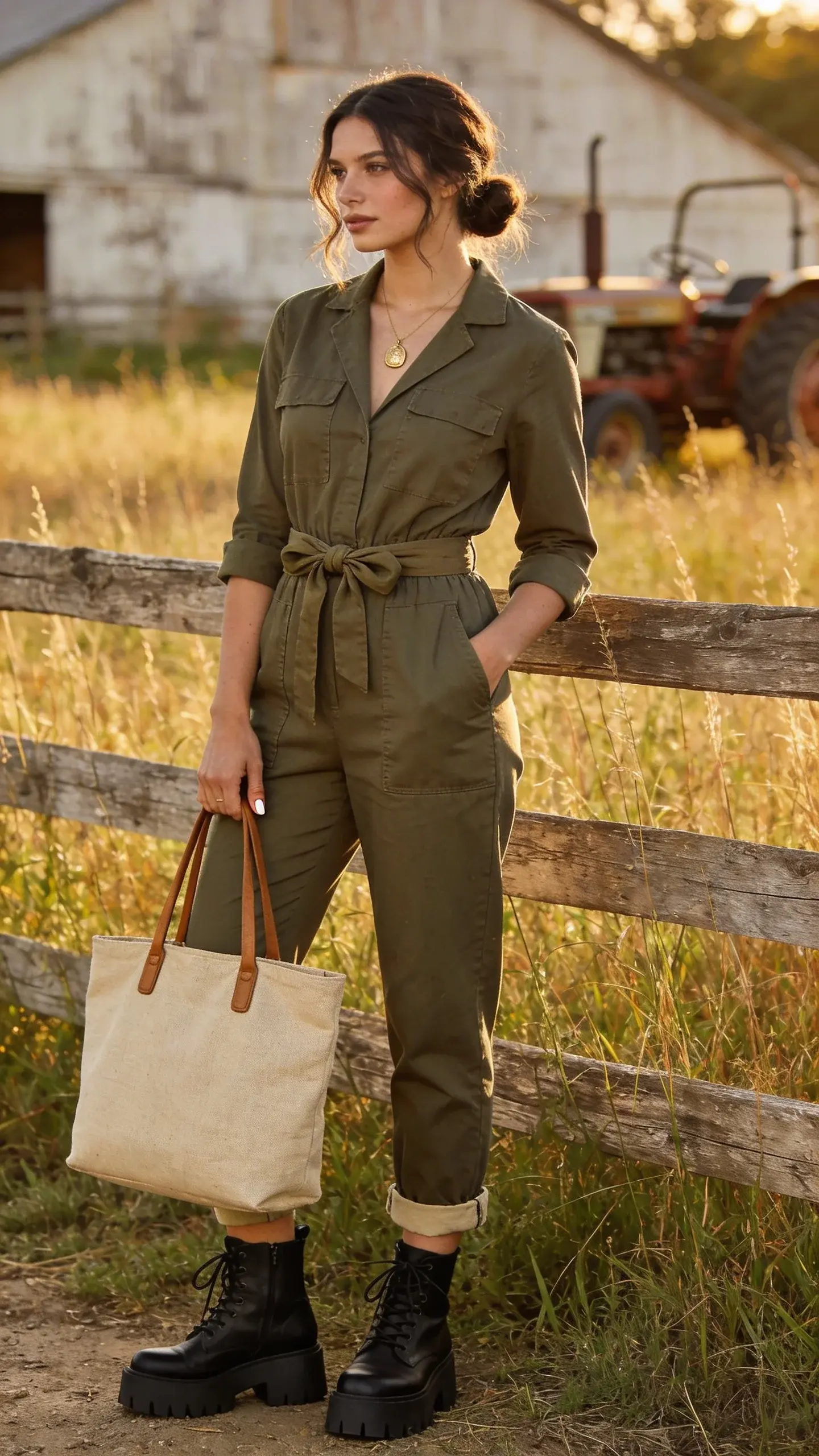 Golden-hour fashion photograph of a chic female farmer in an olive utility jumpsuit with a defined waist, standing beside a rustic wooden fence on the edge of a sunlit field. The jumpsuit is slightly structured with visible seams, cuffed hems showing a hint of ankle, and a canvas self-tie belt knotted neatly. She wears chunky black lace-up boots with a matte finish, a simple gold pendant necklace, and carries a natural canvas tote with leather handles. Her look is effortlessly cool and practical: minimal makeup with dewy skin, loose low bun with a few wisps framing her face, and short natural nails. Background features tall grass, a weathered barn in soft focus, and a vintage tractor partly visible for subtle workwear context. Styling emphasizes flattering fit and pockets; she stands relaxed with one hand in a pocket, the other lightly holding the tote. Warm, soft directional light, shallow depth of field, high-resolution editorial realism, 35mm lens perspective, muted earthy color palette (olive, tan, black, cream), no text, no logos.