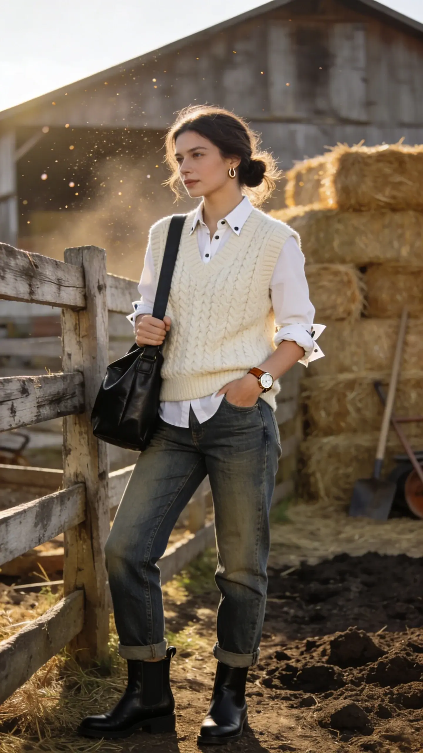 Golden-hour farmstead scene featuring a chic female farmer standing beside a weathered wooden fence and stacked hay bales, wearing a cream chunky-knit sweater-vest layered over a crisp white button-down with the shirttails peeking out, both sleeves rolled together to the forearm, paired with vintage-inspired straight-leg medium-wash work jeans and black leather Chelsea boots. She carries a structured black leather shoulder bag, wears a slim brown leather watch and subtle small hoop earrings. Her hair is in a low, slightly messy bun, minimal makeup with natural glow. She poses confidently with one hand in her pocket and the other holding the bag strap, exuding quiet capability. Background includes a rustic barn, soft dust motes in warm backlight, and hints of tilled earth and farm tools for authenticity. Realistic high-resolution fashion photography, shallow depth of field, soft directional sunlight, rich textures in knit, denim, and leather, candid editorial vibe, 50mm lens, f/2.0, natural color grading, no text.