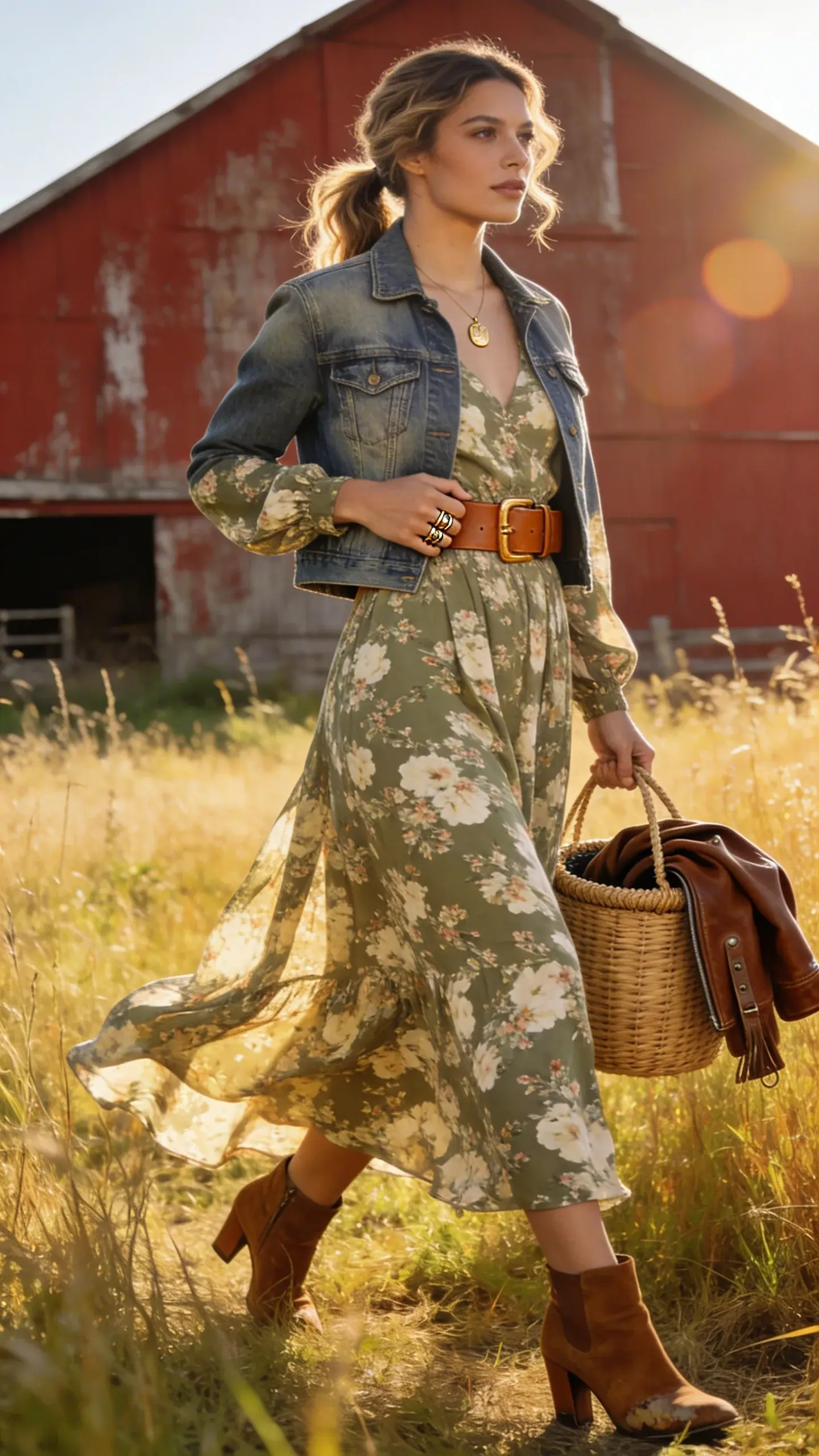 Golden-hour farm setting with tall, sunlit grass and a weathered red barn in the background. Main subject: a chic female farmer in her early 30s, light tan skin, soft waves in a low ponytail under a few loose tendrils, wearing a flowing long-sleeve floral micro-print maxi dress in muted sage and cream. Layered with a cropped medium-wash denim jacket, cinched by a chunky cognac leather belt at the natural waist (belted over the jacket), creating strong shape. Footwear: cognac heeled ankle boots with subtle wear. Accessories: stacked gold rings, a delicate gold pendant necklace, and a woven basket bag held at her side. She’s mid-stride through the grass, one hand adjusting the belt, the other carrying the basket; confident, effortless expression. Styling emphasizes contrast of floaty dress and rugged layers; suede moto draped over the basket rim as an alternate layer. Natural makeup, sun-kissed glow. Realistic, high-quality fashion photography: shallow depth of field, soft directional backlight with gentle lens flare, 35mm full-frame look, crisp textures on denim, suede, and leather, editorial composition with slight motion in the dress hem, no text.
