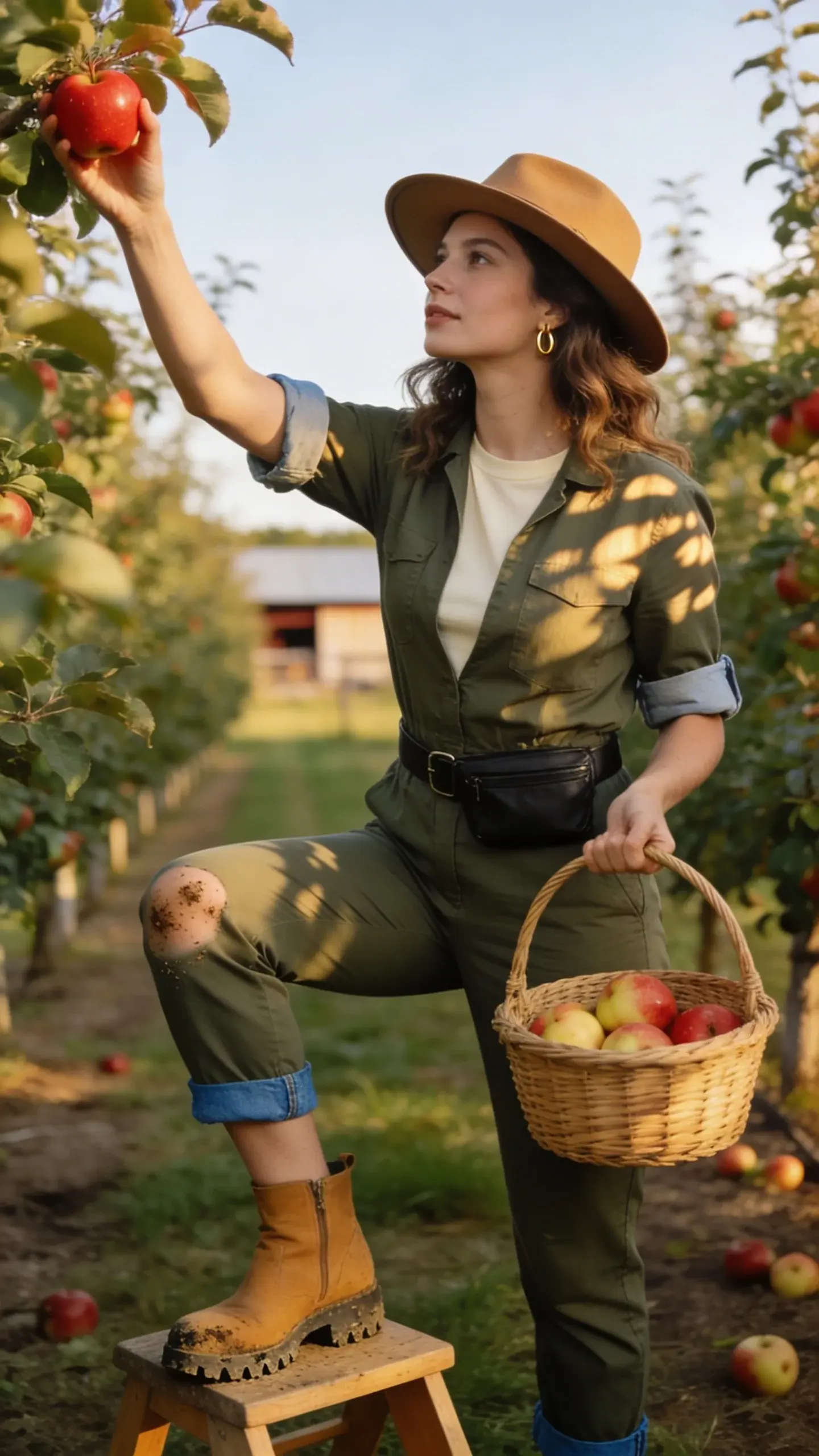 Golden-hour orchard scene featuring a stylish woman fruit picking among rows of apple trees. She wears a fitted cotton-twill utility jumpsuit in olive green with rolled sleeves and cuffs, a cream breathable crewneck tee layered underneath, and supportive tan leather ankle boots with tread. A slim black crossbody belt bag sits at her waist, and she sports a tan wide-brim hat; small gold hoop earrings peek through soft, natural waves. She’s mid-reach on a wooden step stool, plucking a ripe red apple with one hand while holding a woven basket half-filled with apples in the other. Subtle dirt scuffs on boots and knees add realism. Soft, diffused sunlight filters through leaves, creating dappled shadows on her outfit and the grass. Background shows rustic orchard rows, a distant barn blur, and fallen apples on the ground. Color palette: olive, sand, denim-blue accents in stitching, warm earth tones. Shot as a candid, high-resolution lifestyle photograph with shallow depth of field, 50mm lens look, natural skin texture, crisp fabric details, and no text.
