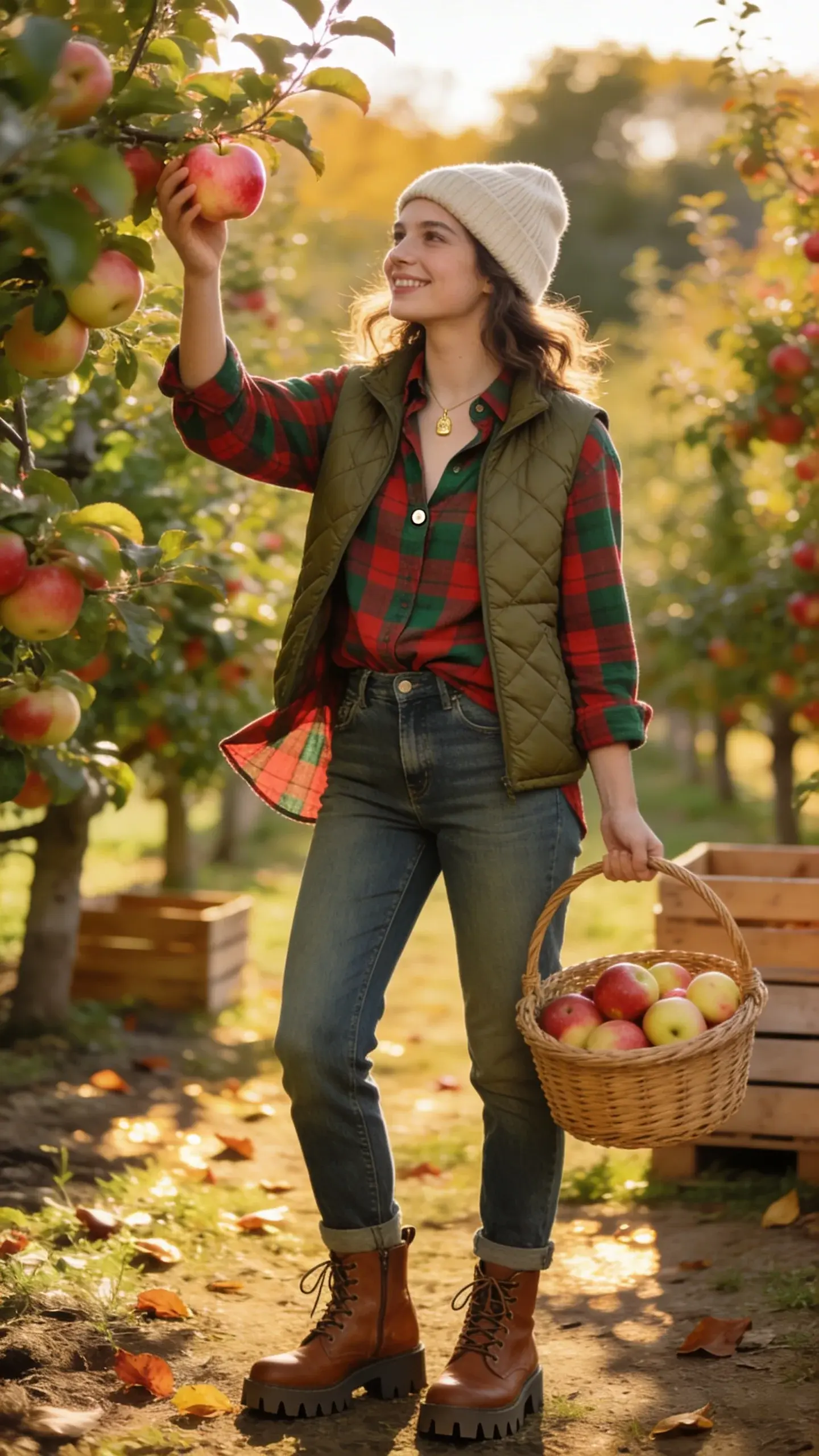 Golden-hour orchard scene featuring a young woman fruit picking in a cozy, photogenic “orchard-core” outfit: she wears a relaxed-fit red-and-forest-green buffalo check flannel half-tucked into mid-wash straight-leg denim with a slight stretch, one extra button casually undone at the collar. Layered over is a matte olive quilted gilet, paired with water-resistant brown leather lace-up boots with a subtle lug sole. She has a soft oatmeal knit beanie, loose waves of hair peeking out, and a minimal gold pendant necklace. She stands between rows of apple trees heavy with ripe fruit, one hand reaching up to pick a blush-red apple, the other holding a woven basket half-filled with mixed apples. The ground shows scattered fallen leaves and dappled light; background softly blurred trees and wooden crates. Natural, warm tonality, crisp detail in fabrics and textures, shallow depth of field, candid smile, light breeze lifting the flannel hem. Photographed in realistic high quality, 50mm lens look, soft backlighting, no text.
