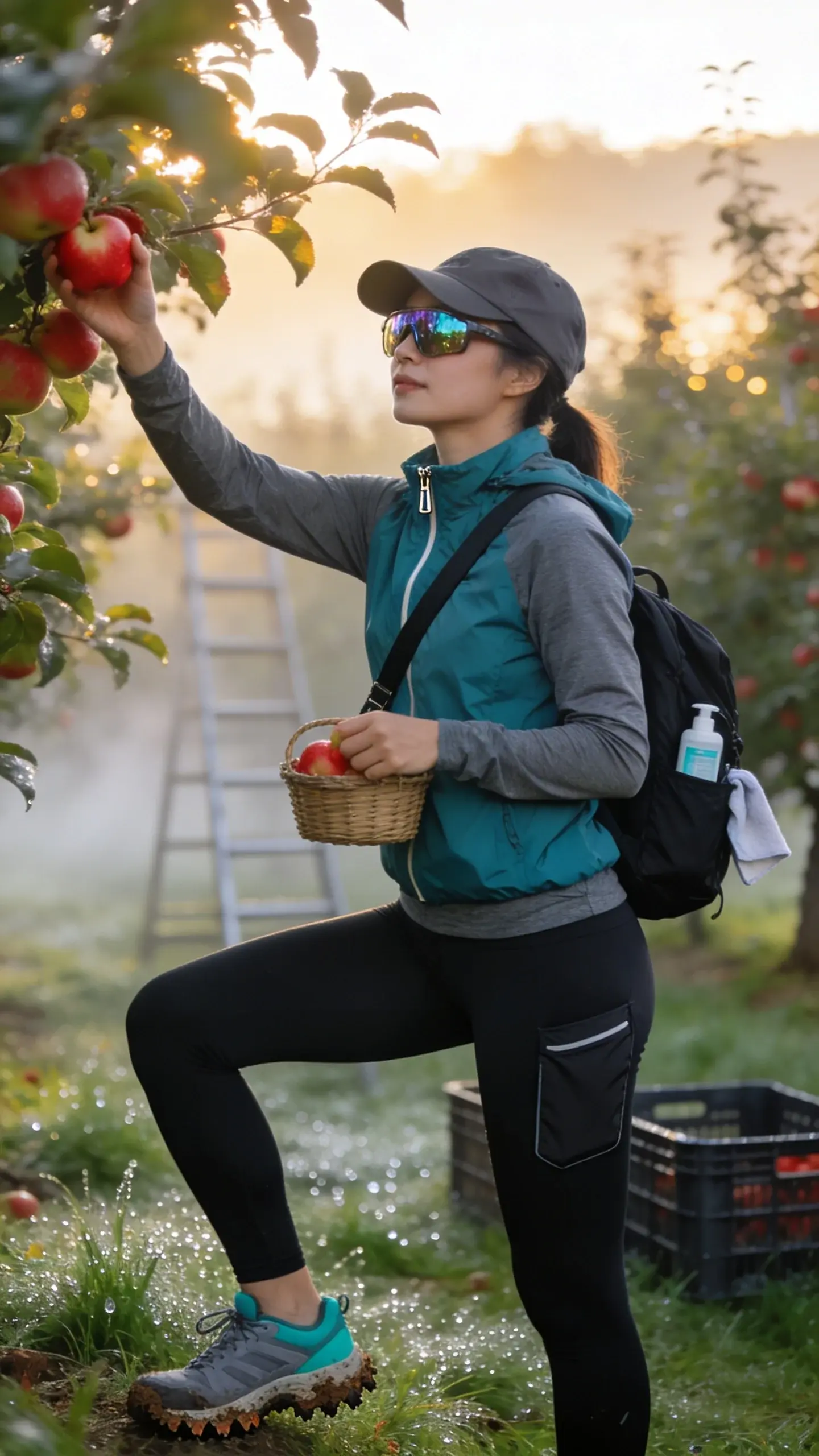 Golden-hour orchard scene with a young woman fruit picker moving quickly between low apple trees, dressed in sporty athleisure. She wears matte black high-waisted performance leggings with subtle side pockets, a slate-gray moisture-wicking fitted long-sleeve top, and a lightweight teal packable windbreaker half-zipped. On her feet: gray-and-teal trail sneakers with grippy soles lightly dusted with dirt. Accessories: a charcoal baseball cap, mirrored sport sunglasses, and a compact black nylon backpack with a clipped-on hand sanitizer and a tucked microfiber wipe. She’s mid-reach, plucking a ripe red apple into a small crossbody harvest basket, with another ladder and crates blurred behind her. Morning dew glistens on grass; faint mist between tree rows. Natural, candid composition with shallow depth of field, crisp detail on technical fabrics and apple skin, soft bokeh on sunlit leaves. Realistic color grading, high-resolution fashion photography, dynamic yet practical vibe, no text.