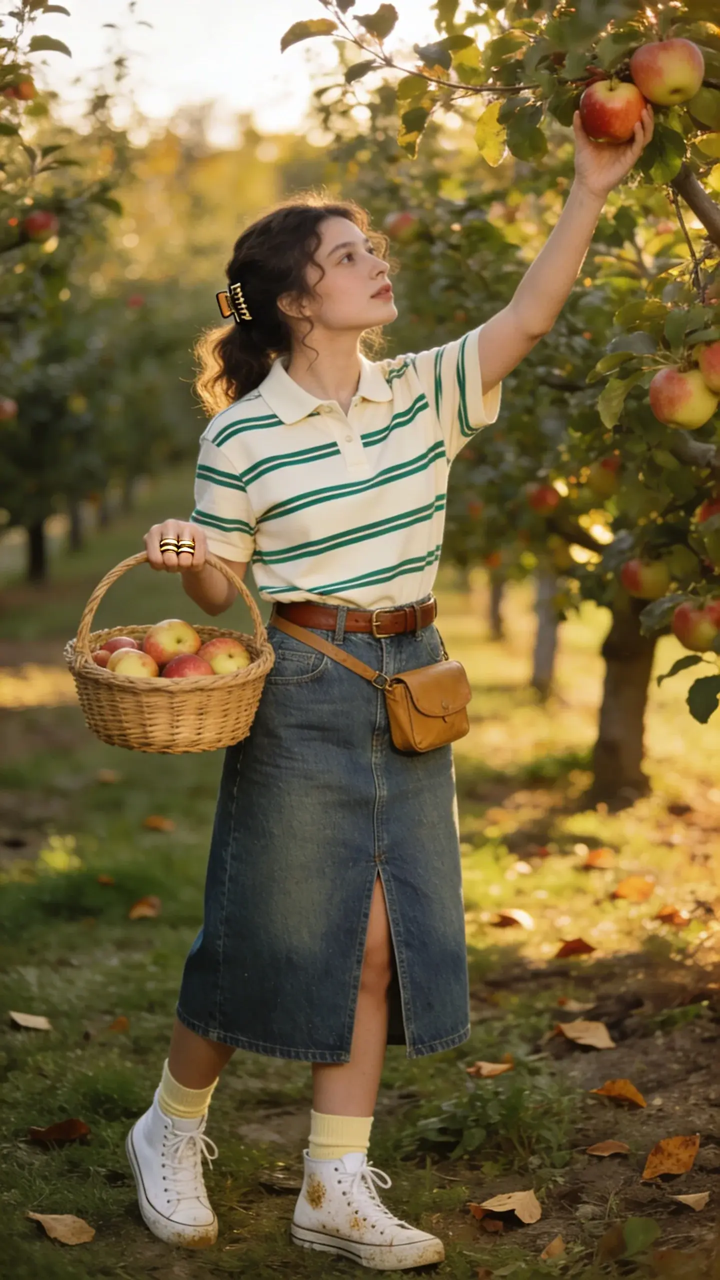 Golden-hour apple orchard scene featuring a young woman fruit picking in a sweet-but-practical outfit: sturdy medium-wash denim midi skirt with a front slit for easy movement, tucked-in striped rugby tee (cream base with thin forest-green stripes), slim leather belt defining the waist, cream cotton crew socks, white canvas high-top sneakers with a little dust from the orchard path, and a small tan leather belt bag worn crossbody. She reaches up to pluck a ripe apple with one hand while holding a woven basket half-filled with apples in the other; delicate stackable gold rings catch the light. Natural, minimal makeup, soft waves in her hair pulled back with a simple claw clip. Background shows rows of apple trees, dappled sunlight, and scattered fallen leaves; warm, realistic color grading and shallow depth of field emphasize texture of denim, knit stripes, and orchard foliage. Full-body, candid mid-action shot, 35mm lens look, high-resolution editorial fashion photography, no text.