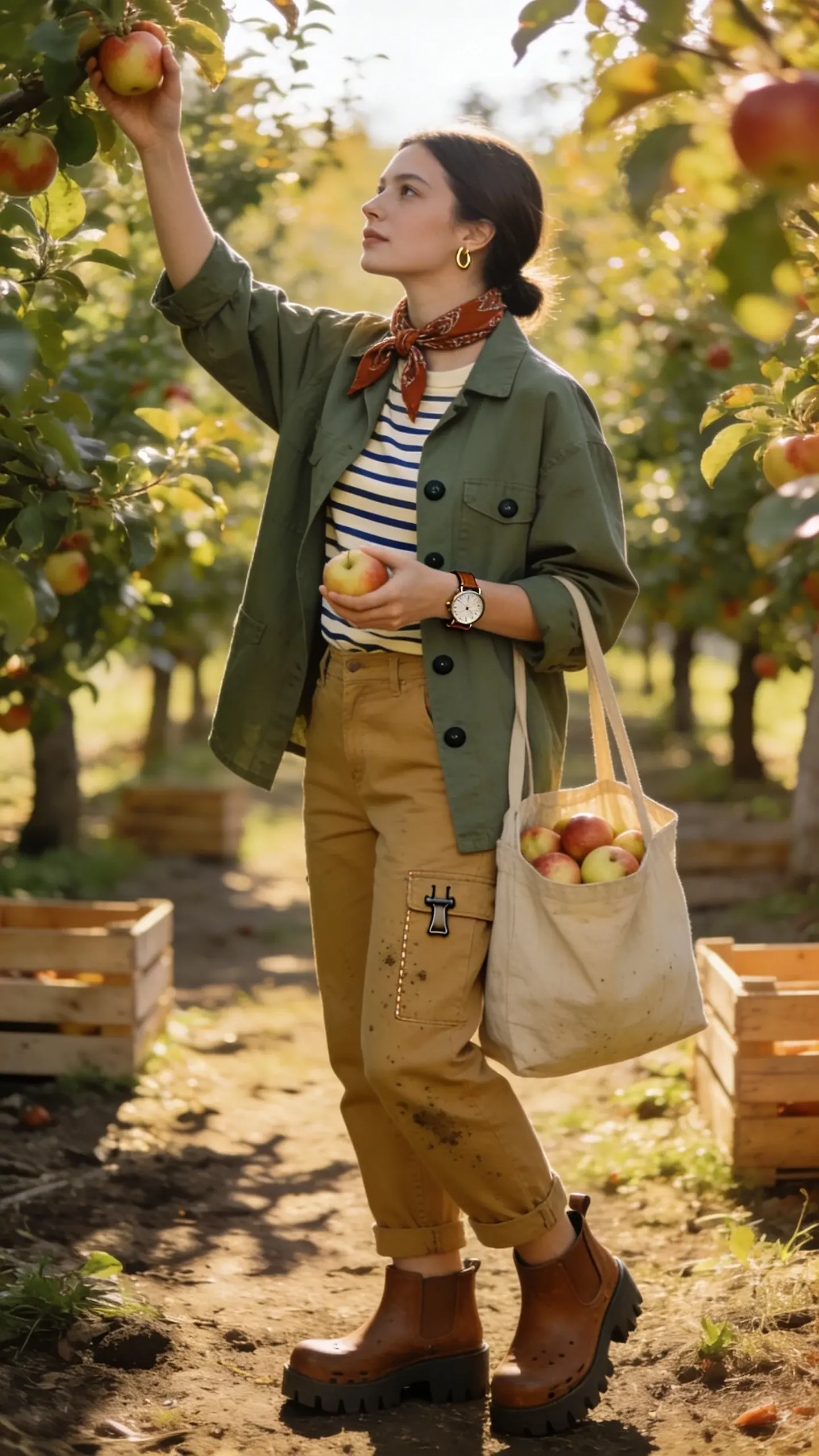 Golden-hour orchard scene with a stylish woman fruit picking among rows of apple trees. She embodies cool-girl farmer vibes in a minimalist, practical outfit: a slightly oversized cotton canvas chore jacket in muted forest green with matte buttons, layered over a cream-and-navy striped Breton tee. She wears straight-leg tan carpenter pants with a hammer loop and subtle utility stitching, lightly dusted with orchard dirt. On her feet are sturdy brown leather clogs with closed backs and chunky tread. Accessories include a simple analog field watch with a brown leather strap and a rust-colored bandana knotted at her neck. She carries a natural canvas market tote half-filled with apples in one hand while reaching up to pick an apple with the other. Hair is casually tucked behind the ears, minimal makeup, small gold hoops. Background shows dappled sunlight filtering through leaves, wooden crates, and soft shadows on packed earth. Realistic, high-resolution fashion photography, shallow depth of field, soft warm tones, candid mid-action pose, no text.