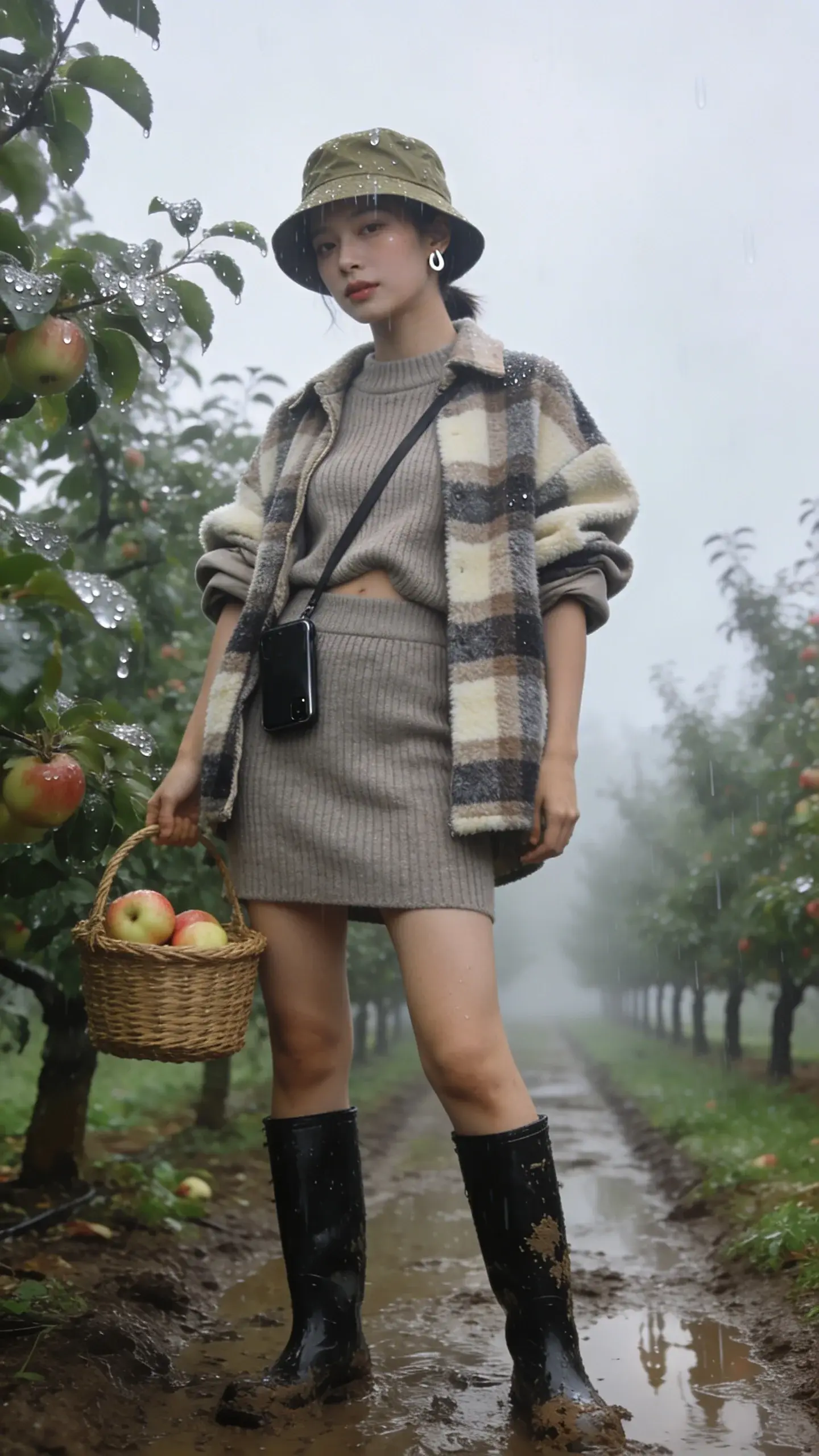Realistic high-quality fashion photo of a young woman fruit picking in a misty orchard on a drizzly day. She stands between wet, muddy aisles of apple trees with soft overcast light, holding a woven basket with a few freshly picked apples. Outfit: a ribbed knit set in heather oatmeal (slim, high-waisted knit skirt with a matching crewneck sweater lightly tucked at the front), layered under an oversized brushed wool shacket in muted plaid (taupe, cream, and charcoal). Footwear: matte black knee-high rain boots splashed with a little mud. Accessories: water-resistant khaki bucket hat, minimalist silver stud earrings, slim black crossbody phone pouch worn across the chest. Subtle dewy makeup, natural hair tucked behind the ears. Styling details: front-tucked sweater to define the waist, shacket left open, sleeves casually pushed up. Environment: glistening leaves with raindrops, soft puddles reflecting the trees, distant rows fading into fog. Photography: full-body, slightly low angle, shallow depth of field, natural color grading with gentle contrast, no text, editorial street-style vibe, crisp textures on knit and shacket, raindrops visible in the air.
