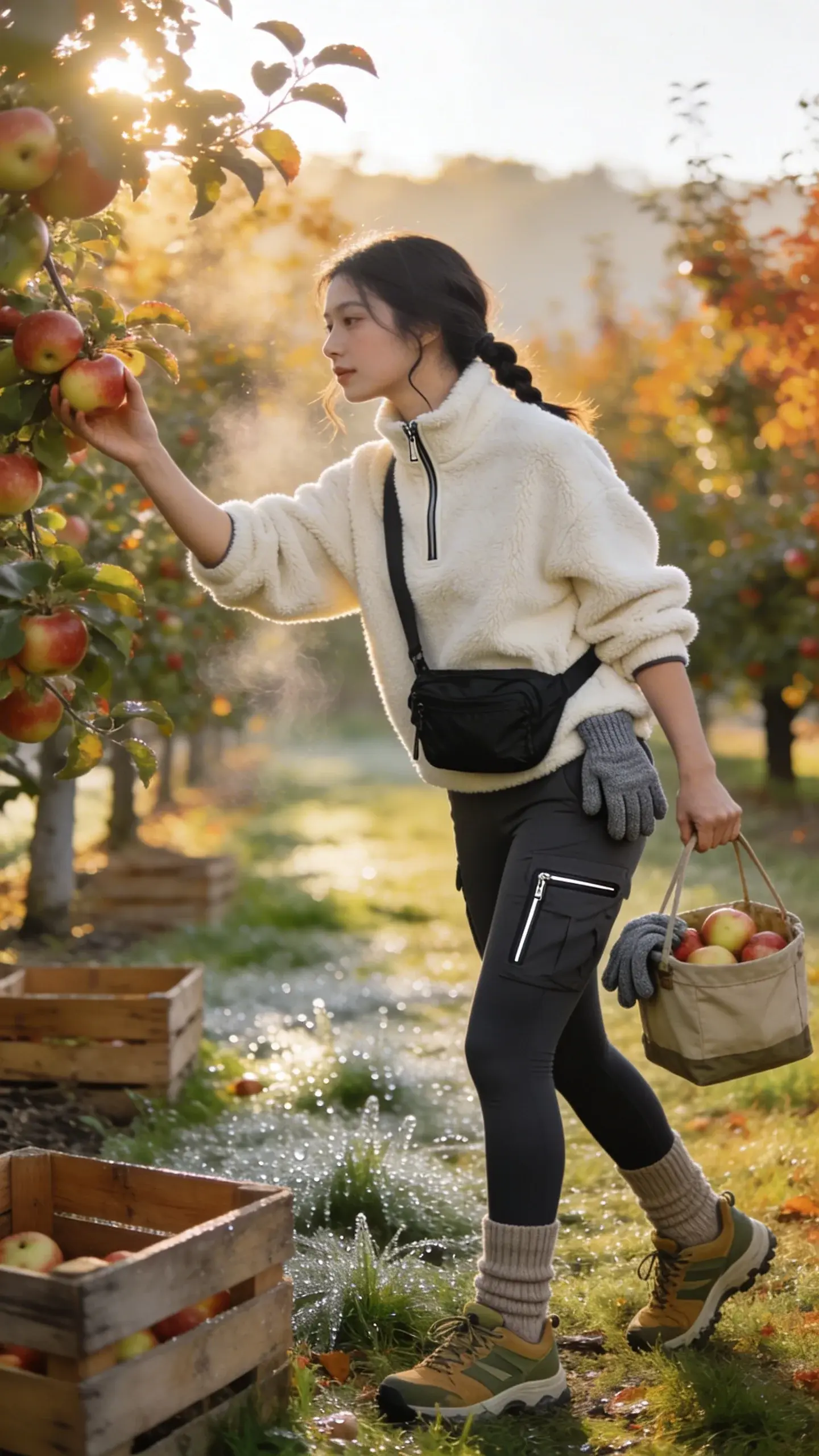 Realistic high-quality lifestyle photo of a young woman fruit picking in an autumn orchard at golden hour, reaching for ripe apples with one hand while holding a small harvest tote in the other. She wears a plush fleece half-zip pullover in cream, slightly oversized for layering, with a subtle textured pile and a quarter-length zipper; charcoal cargo leggings with sleek, secure zip pockets; rugged tan-and-olive trail runners; thick ribbed thermal socks peeking above the shoes; and a compact black nylon belt bag worn crossbody. Lightweight knit gloves (heather gray) are tucked into a side pocket. Her hair is in a low braid with a few loose strands, minimal natural makeup. The scene features dewy grass, wooden crates, and rows of apple trees with dappled sunlight, visible breath in the cool morning air. Soft, shallow depth of field, natural color grading, sharp fabric details, realistic textures, no text.