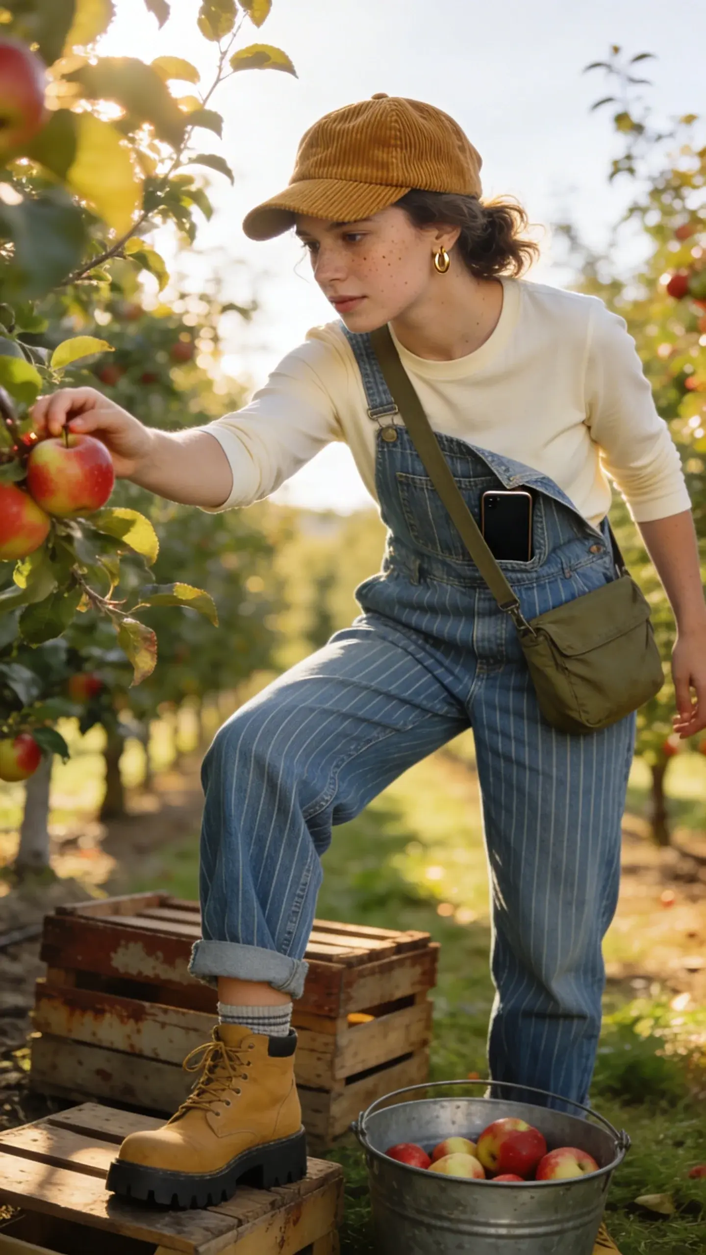 Golden-hour orchard scene with a young woman fruit picking among rows of low apple trees, reaching for a ripe apple. She wears relaxed-fit striped denim overalls with one strap casually unfastened, layered over a fitted cream long-sleeve tee. Footwear: tan work boots with chunky soles and visible socks. Accessories: camel corduroy cap, tiny gold hoop earrings, and a small olive canvas crossbody bag worn diagonally. Her smartphone subtly peeks from the bib pocket. She has a natural, minimal makeup look, freckles, and loose wavy hair tucked behind one ear. Surroundings: rustic wooden crates, a galvanized bucket half-filled with apples at her feet, dappled sunlight through leaves, soft background bokeh of orchard rows. Color palette: denim blue, cream, tan, olive, and muted red apples. Realistic, high-resolution fashion photography, shallow depth of field, soft warm lighting, candid mid-action pose, no text.