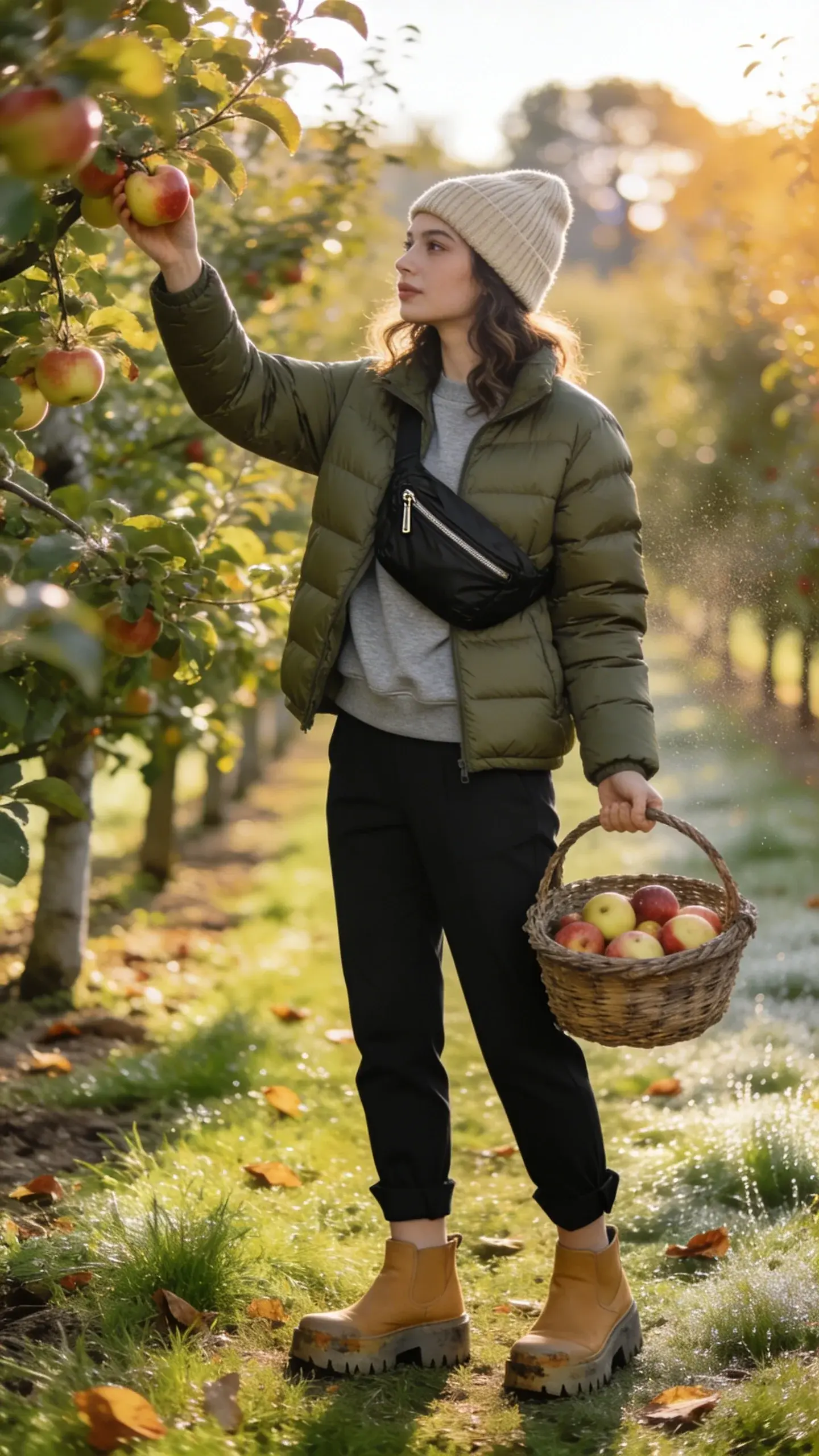 Golden-hour fruit orchard scene featuring a young woman fruit picking among sunlit apple trees, dressed in a sleek, lightweight packable puffer jacket in matte sage green over a heather gray crewneck sweatshirt, structured black ponte joggers with a tapered ankle, and water-resistant tan slip-on ankle boots with sturdy soles; she wears a ribbed oatmeal knit beanie and a compact black nylon crossbody with a zip closure worn high across her chest. She’s reaching up to pluck a ripe apple with one hand while holding a rustic woven basket half-filled with mixed apples in the other. Natural makeup, soft loose waves visible under the beanie. Background shows neat orchard rows, dappled light on dewy grass and scattered fallen leaves, distant bokeh trees. Add subtle scuffs on boots and a light orchard dust for realism. Shot on a full-frame camera with a 50mm lens, shallow depth of field, crisp details, soft warm lighting, editorial street-style fashion photography vibe, no text.