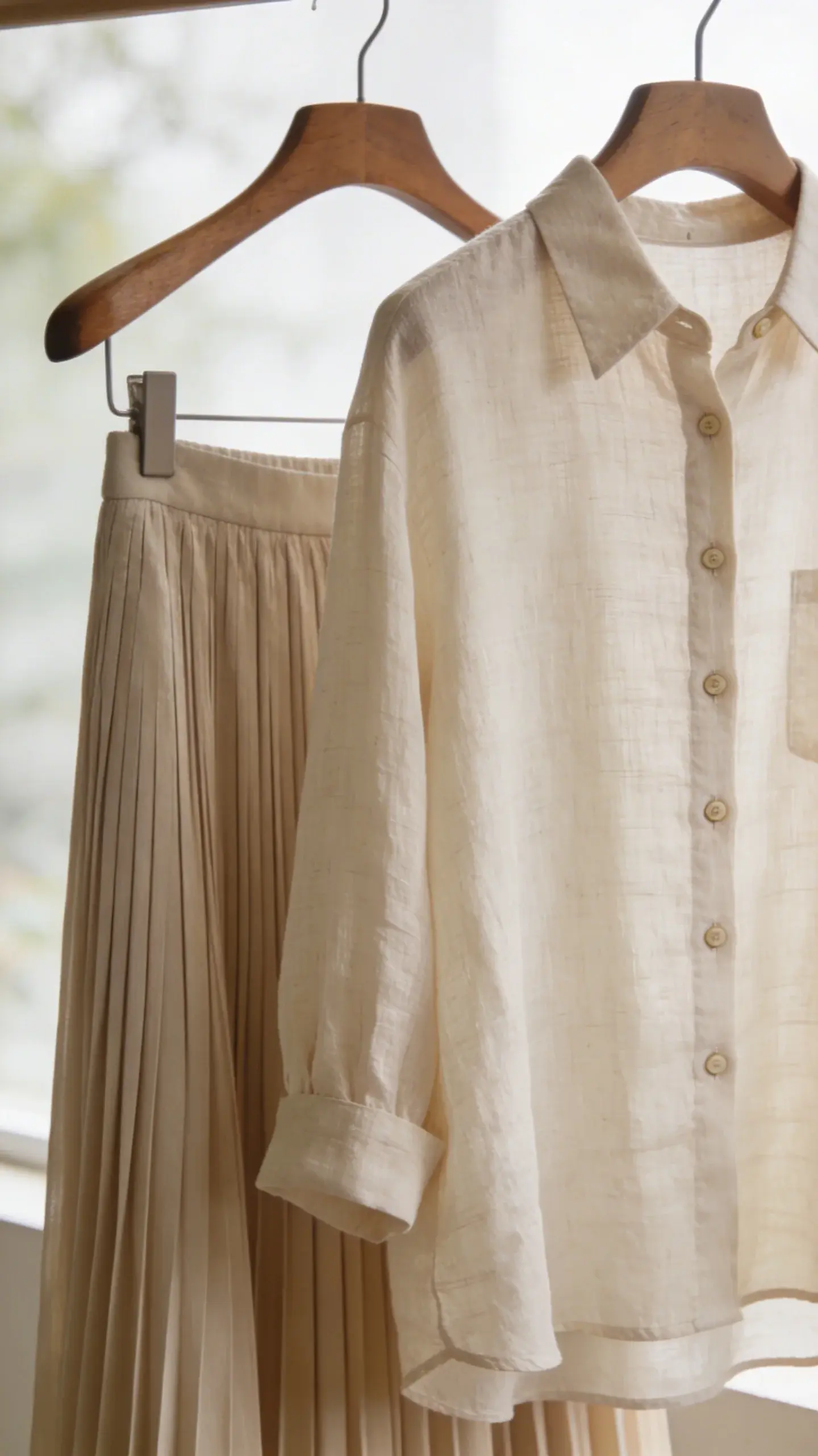 linen button-down and midi skirt on wooden hanger