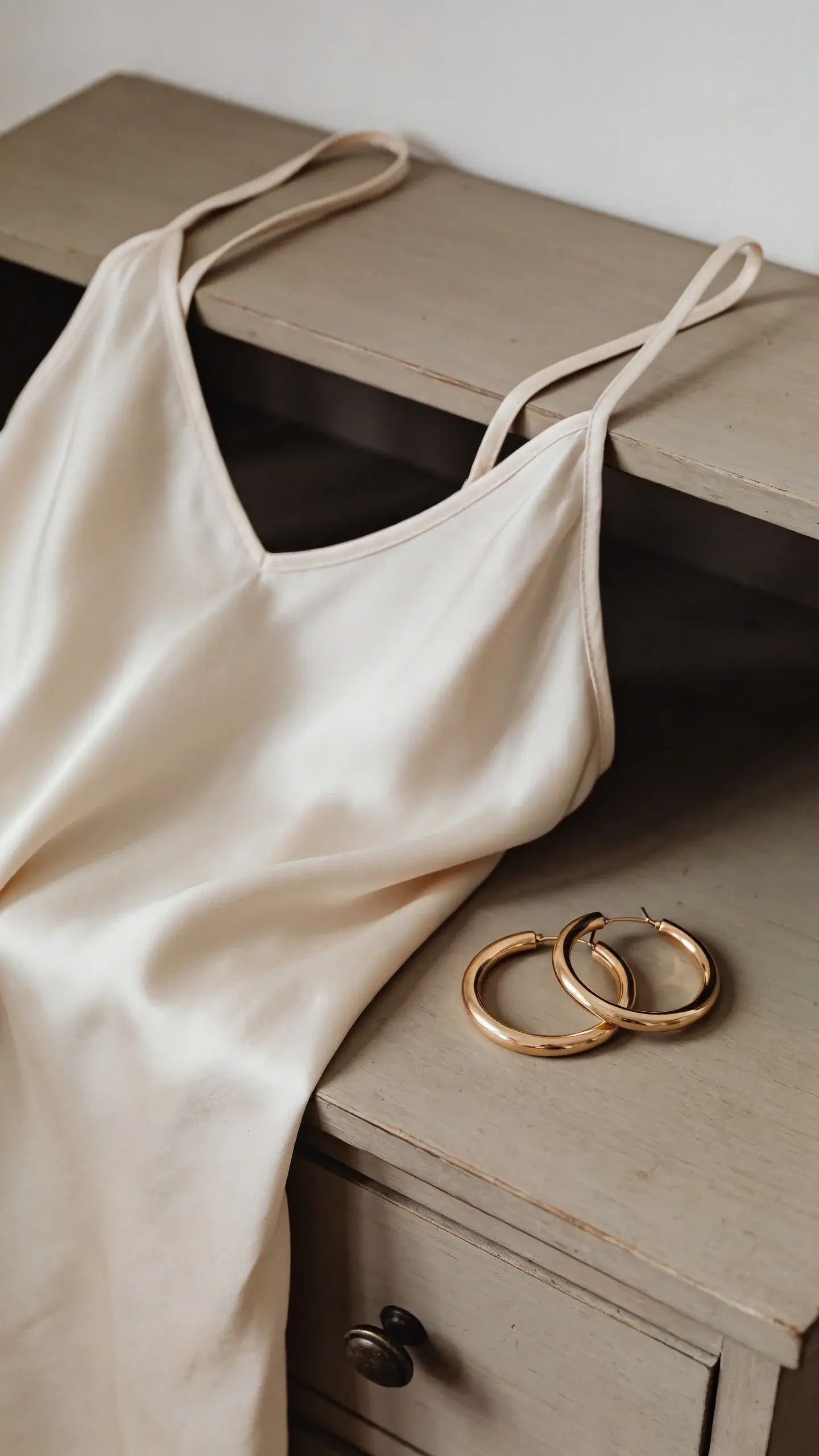 slip dress with gold hoops on neutral dresser