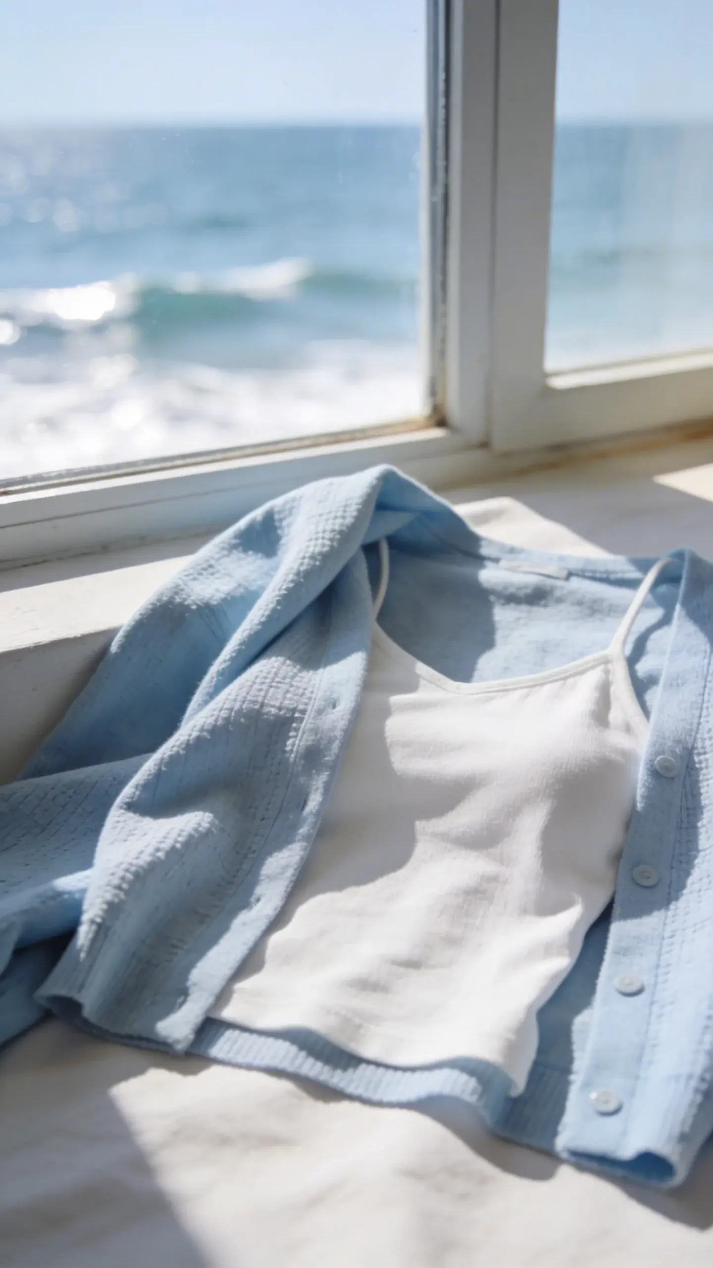 cropped cardigan over cami beside seaside window light