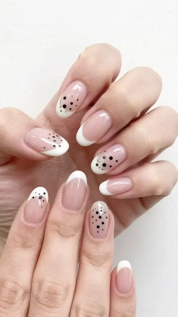 almond nails, micro French tips, baby’s breath dot clusters