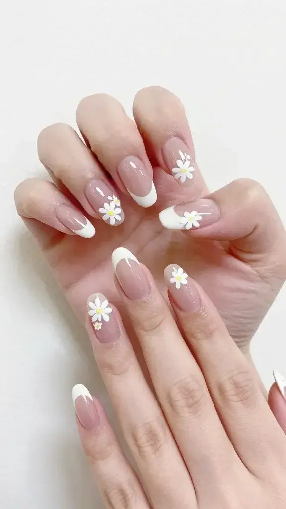 glossy almond French nails, delicate daisy decals