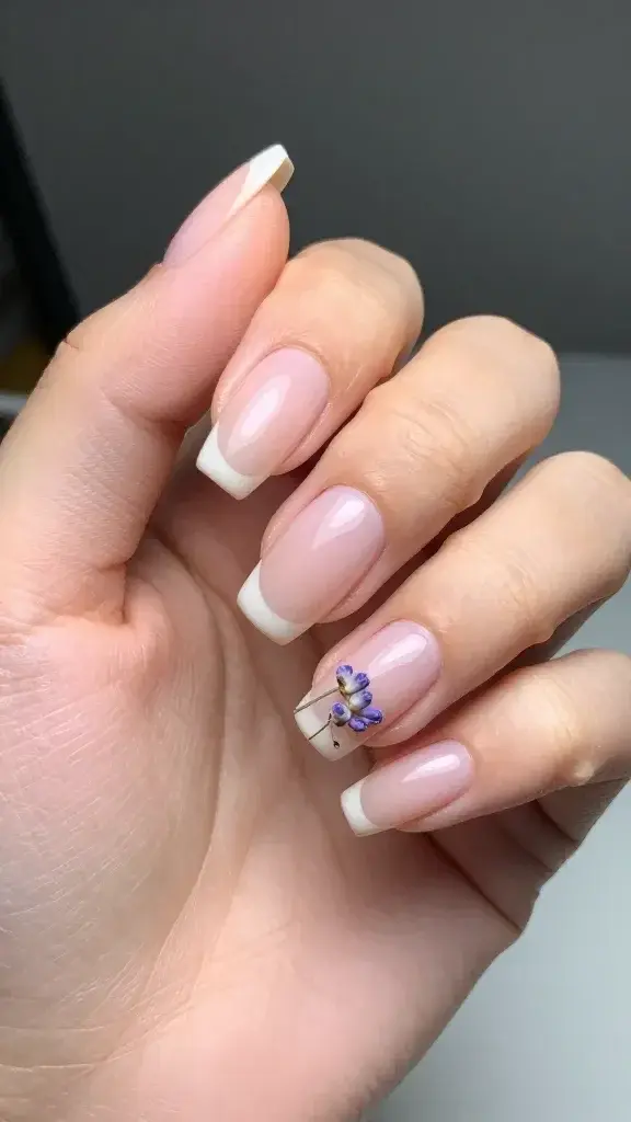 pale blush almond French, tiny lavender sprigs