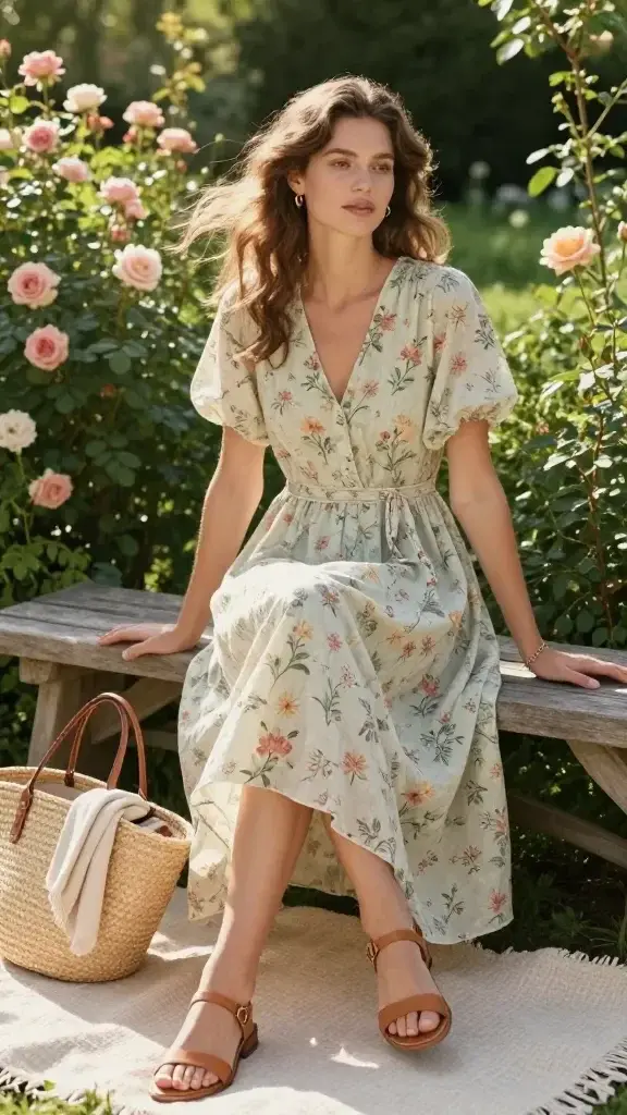 Golden-hour garden scene featuring a stylish woman embodying “Fresh Garden Chic” in a floaty, micro-floral midi dress made of cotton-linen blend, the skirt swishing softly in a light breeze; she’s seated gracefully on a pale woven picnic blanket beside a rustic wooden garden bench, surrounded by lush greenery, blooming roses, and dappled sunlight. She wears practical yet elegant flat tan leather sandals with slim ankle straps and a low profile, plus a natural straw tote with leather handles set beside her, partially open with a light cardigan and a paperback peeking out. Her look is effortless and polished: soft wavy hair loosely tucked behind one ear, minimal glowing makeup, delicate gold hoop earrings, and a fine chain bracelet. Color palette is airy and organic: sage, cream, blush, and muted terracotta. Photographed with a high-resolution full-frame camera, 50mm lens at wide aperture for shallow depth of field; crisp, realistic textures (linen weave, straw fibers, leather grain), warm sun flare, soft shadows, and true-to-life skin tones. No text, editorial-quality fashion photography, natural candid pose, serene expression.