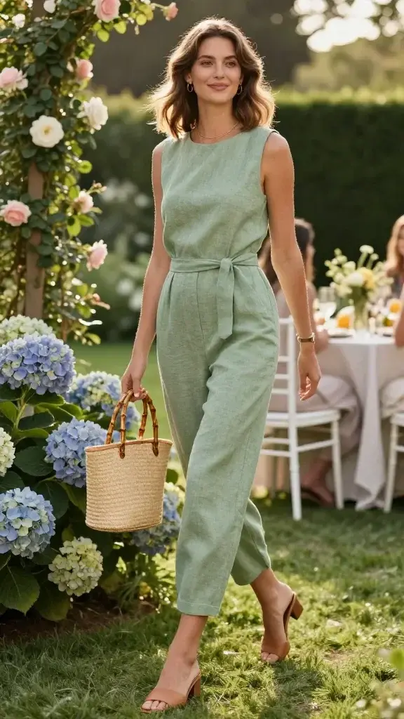 Golden-hour garden party scene featuring a stylish woman in a tailored-yet-soft linen-blend jumpsuit with a defined waist and subtle self-tie, cropped just above the ankle for a clean line; muted sage green fabric with fine texture. She stands on a manicured lawn beside blooming hydrangeas and climbing roses, mid-stroll with a relaxed smile, casually tucking a strand of hair. Footwear: closed-toe tan leather block-heel mules. Accessories: slim bamboo-handle mini tote in natural straw, delicate layered gold necklaces, small hoop earrings, and a minimalist watch. Hair: soft, shoulder-length waves. Makeup: fresh, dewy, natural glow. Lighting: warm, backlit sun filtering through trees, creating soft rim light and gentle bokeh. Wardrobe details: subtle pintuck bodice, slightly tapered cropped leg, discreet side pockets. Background elements: white bistro chairs, a linen-draped table with simple wildflower arrangements and citrus water, blurred guests in summery neutrals. Photographic style: high-resolution, editorial fashion photography, shallow depth of field, 50mm prime lens look, true-to-life colors, no text, realistic textures and fabric movement.