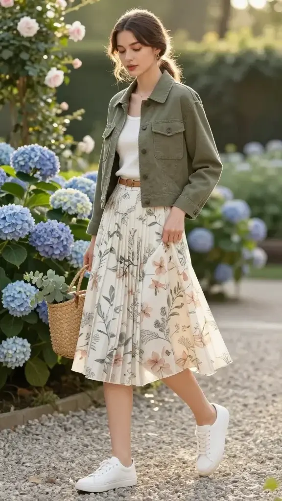 Golden-hour garden setting with blooming hydrangeas and climbing roses. A stylish woman in her late 20s stands on a gravel path, captured in a candid mid-step. She wears a midi pleated skirt in a soft botanical print (sage and blush florals on ivory), a fitted ribbed white tank tucked in, and a cropped cotton utility jacket in washed olive with flap pockets and matte horn buttons. Low-profile white sneakers with clean lines and minimal branding. Subtle gold hoop earrings, a slim tan leather belt, and a woven basket tote with eucalyptus peeking out. Natural, glowy makeup, soft waves pulled into a low, loose ponytail. She lightly holds the jacket lapel with one hand, the other grazing the skirt, showing movement and texture. Soft backlight creates a gentle halo and lens flare; shallow depth of field emphasizes the outfit’s sweet-and-structured contrast. Realistic, high-resolution fashion photography, editorial composition, true-to-life colors, no visible logos, no text.