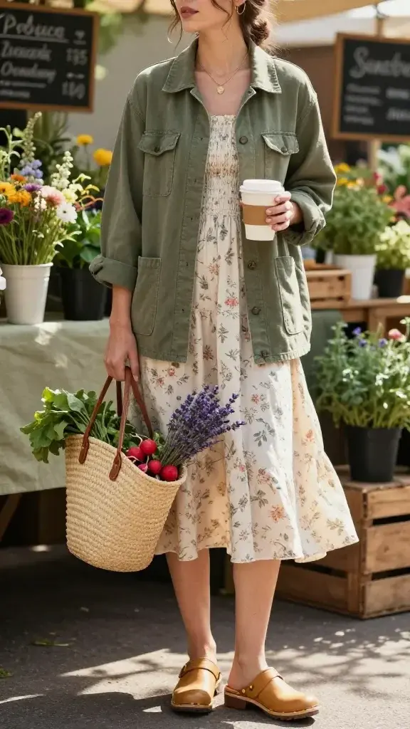 Realistic high-quality fashion photograph of a woman embodying a cozy gardener aesthetic with a soft rustic touch, standing in gentle morning sunlight at an outdoor farmer’s market stall surrounded by wildflower bouquets, potted herbs, and stacked wooden crates. She wears an olive cotton-canvas chore jacket with visible workwear seams and matte horn buttons layered over a soft floral midi dress with a shirred bodice and subtly puffed short sleeves; the dress hem grazes mid-calf and moves lightly in a breeze. On her feet: tan leather clogs with a natural wood sole and brass stud detailing. She carries a straw market tote with long leather handles, partly filled with leafy greens, radishes, and a bundle of lavender peeking out. Styling details: delicate gold pendant necklace, slim gold hoops, minimal makeup with a sun-kissed glow, soft tousled hair tucked behind one ear. Hands show a hint of clean soil under the nails, holding a takeaway latte in a compostable cup. Color palette: olive, clay, cream, and muted florals with warm golden highlights. Background bokeh of rustic stalls, chalkboard produce signs out of focus, dappled light through tree leaves. Shot on a 50mm lens, eye-level, natural light, shallow depth of field, editorial street-style composition, crisp texture detail on fabrics and accessories, no text.
