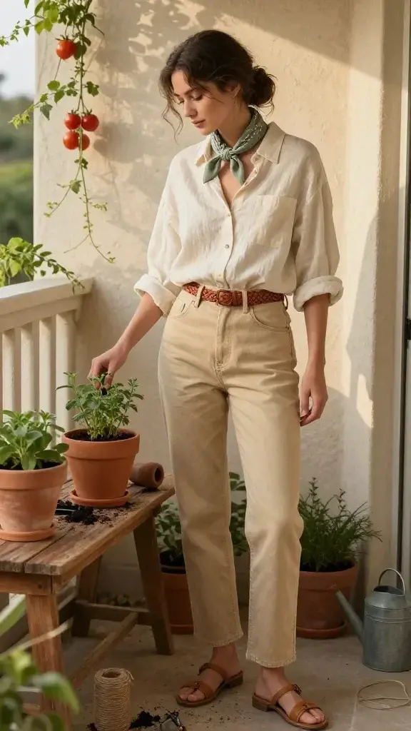 Golden-hour balcony garden scene featuring a cozy gardener woman in her late 20s, soft rustic aesthetic. She wears an ivory linen button-up with a slightly boxy fit, sleeves casually rolled; high-waisted ecru straight-leg jeans; tan leather fisherman sandals; a woven chestnut leather belt; and a cotton bandana in sage tied at the neck. Natural, minimal makeup, loose low bun with wispy tendrils. She’s mid-action potting a small herb into a terracotta pot on a weathered wooden potting bench, surrounded by clay pots, a canvas tote with plant starts, a coil of jute twine, pruning shears, and a watering can. Soft sunlight filters through trailing vines and potted tomatoes, casting gentle shadows on textured stucco. Color palette: creams, sand, ecru, sage, rust, warm tan. Realistic photography, shallow depth of field, 50mm lens look, high-resolution, tactile fabric texture, slight breeze lifting the linen, candid lifestyle mood. No text.