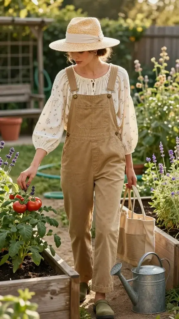Golden-hour garden scene featuring a woman in a cozy gardener aesthetic, styled in prairie-modern overalls that make dirt look chic: she wears slim-straight khaki cotton overalls with adjustable brass-button straps over a cream puff-sleeve blouse with delicate gathers and tiny floral print, paired with low-profile moss-green garden clogs; a wide-brim straw hat with a soft linen ribbon casts gentle shade over her face, minimal natural makeup, tousled low bun, subtle gold hoop earrings. She kneels beside raised wooden beds, hands lightly soiled as she tends heirloom tomatoes and lavender, with a canvas utility tote and vintage metal watering can by her side. Background shows a rustic backyard potager: pea trellis, terracotta pots, coiled hose, wooden potting bench, sun-dappled greenery, and soft bokeh wildflowers. Warm, earthy color palette (moss, khaki, cream, muted florals), natural textures, soft directional sunlight, shallow depth of field, realistic high-resolution fashion photography, 50mm lens look, editorial yet candid composition, no text.