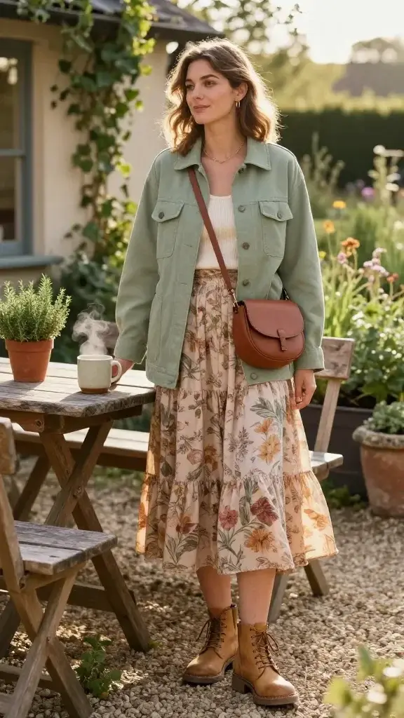 Golden-hour outdoor portrait of a cozy gardener woman on a rustic coffee date, standing beside a weathered wooden café table with potted herbs (thyme, rosemary) and a steaming ceramic mug. She wears a lightweight field jacket in soft sage green with matte buttons and gentle waist shaping, layered over a cream fitted ribbed knit tank. A flowy tiered midi skirt in ditsy floral (warm earthy tones: muted rose, ochre, moss) sways softly. On her feet: tan lace-up leather boots, low-to-mid shaft with subtle patina. A cognac brown crossbody saddle bag with curved flap rests at her hip. Styling: minimal makeup, sun-kissed skin, loose wavy hair tucked behind one ear, delicate gold hoop earrings. Setting: quaint countryside café terrace with reclaimed wood benches, stone planters, trailing ivy, and a gravel path; background hints of a small herb garden and soft bokeh wildflowers. Lighting: warm, diffused late-afternoon sunlight with gentle lens flare. Mood: soft rustic, effortless, feminine and grounded. Camera: full-body three-quarter angle at eye level, shallow depth of field, 50mm prime look, ultra-realistic detail, natural color grading, high-resolution, no text.